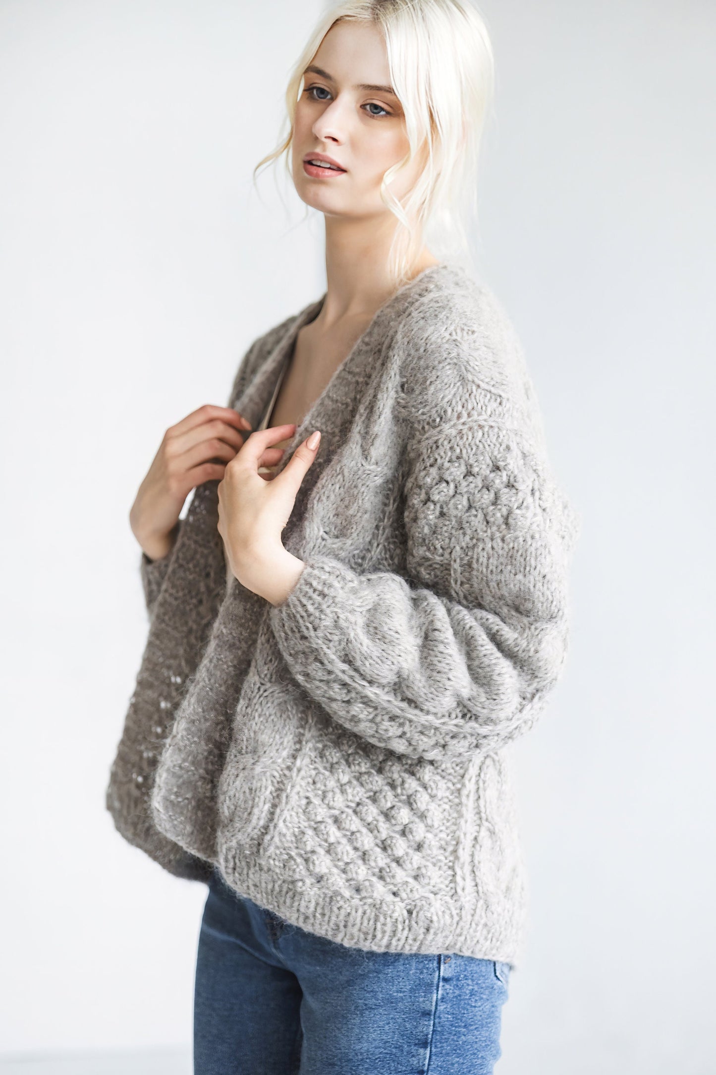 Gray Alpaca Wool Cardigan, Grey Cable Knit Lightweight Sweater, Slightly Oversized Minimalist Classy Women Gilet, Wedding Knitted Jacket
