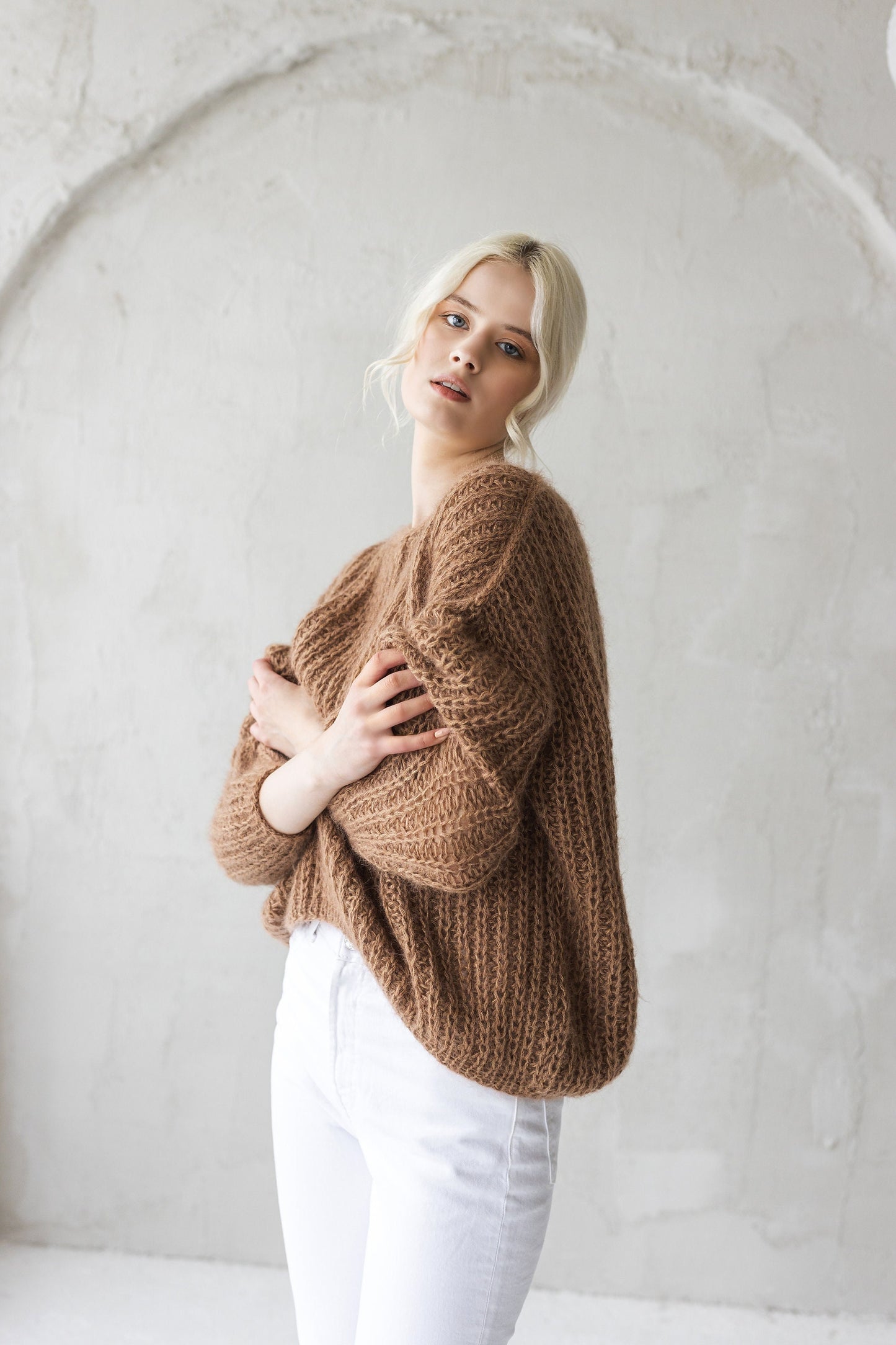 Camel beige mohair hand knitted fluffy sweater, taupe brown boat neck alpaca wool jumper, fuzzy cable knit pullover, oversized thick pull