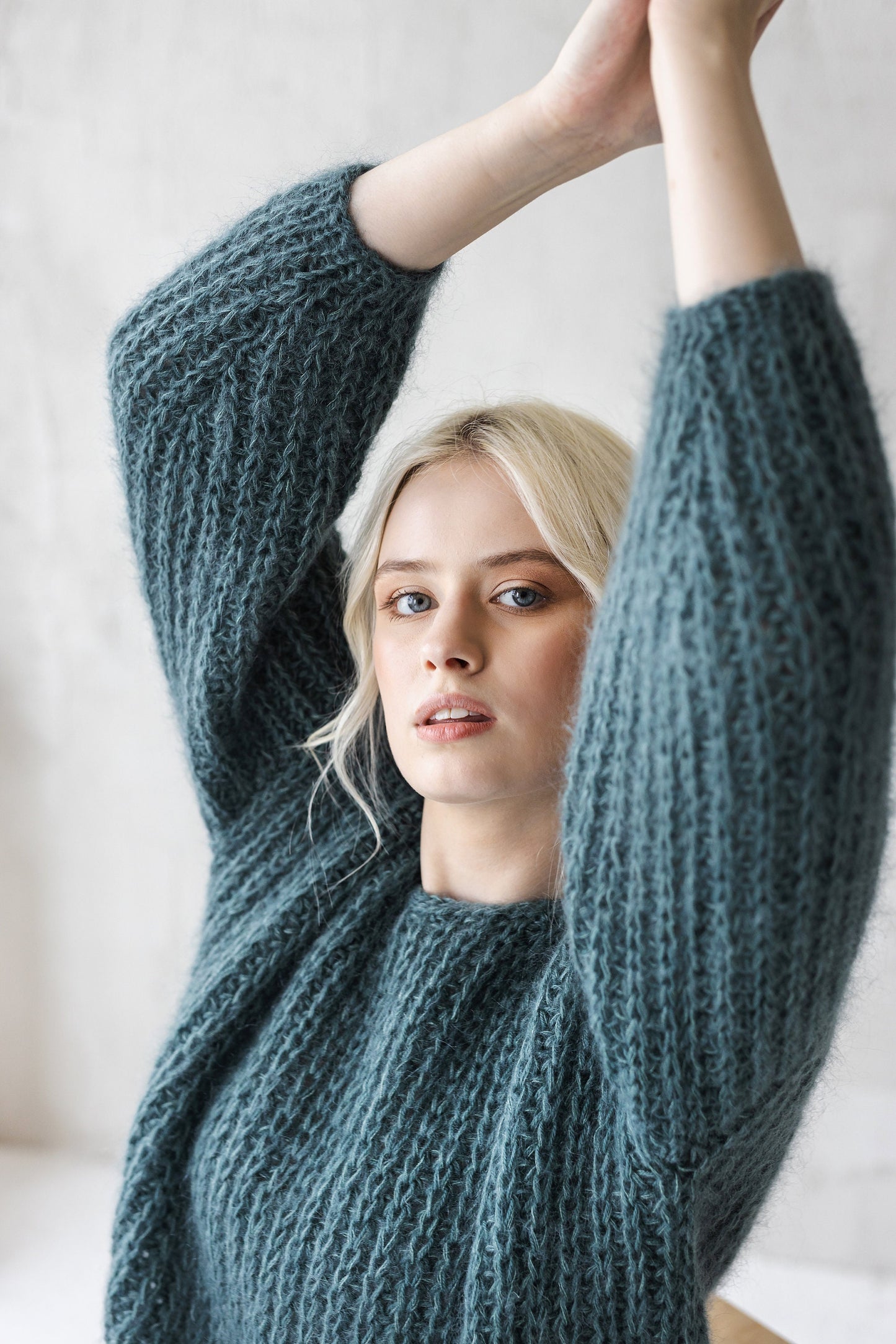 Green mohair hand knitted fluffy sweater, sea green women&#39;s alpaca wool jumper, teal fuzzy cable knit pullover, oversized thick puller woman