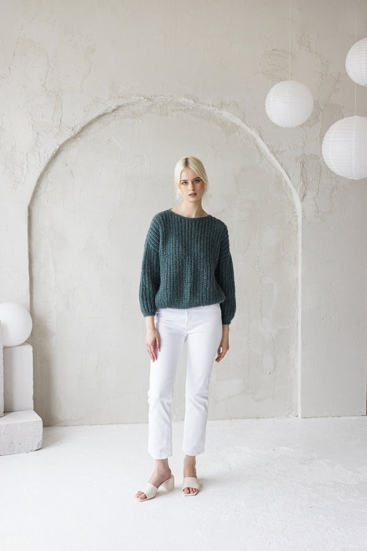 Green mohair hand knitted fluffy sweater, sea green women&#39;s alpaca wool jumper, teal fuzzy cable knit pullover, oversized thick puller woman