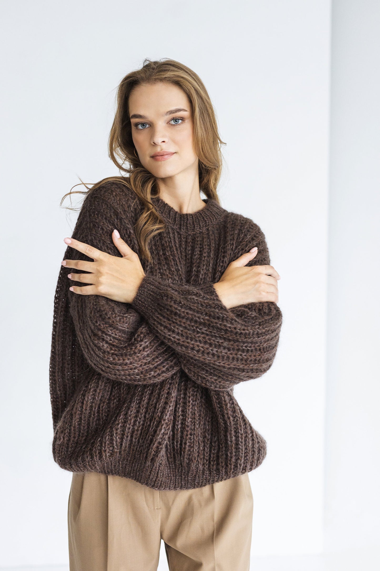 Brown oversized cable knit mohair sweater, fuzzy chunky knitted alpaca wool blend jumper, fluffy fisherman ribbed handmade thick pullover