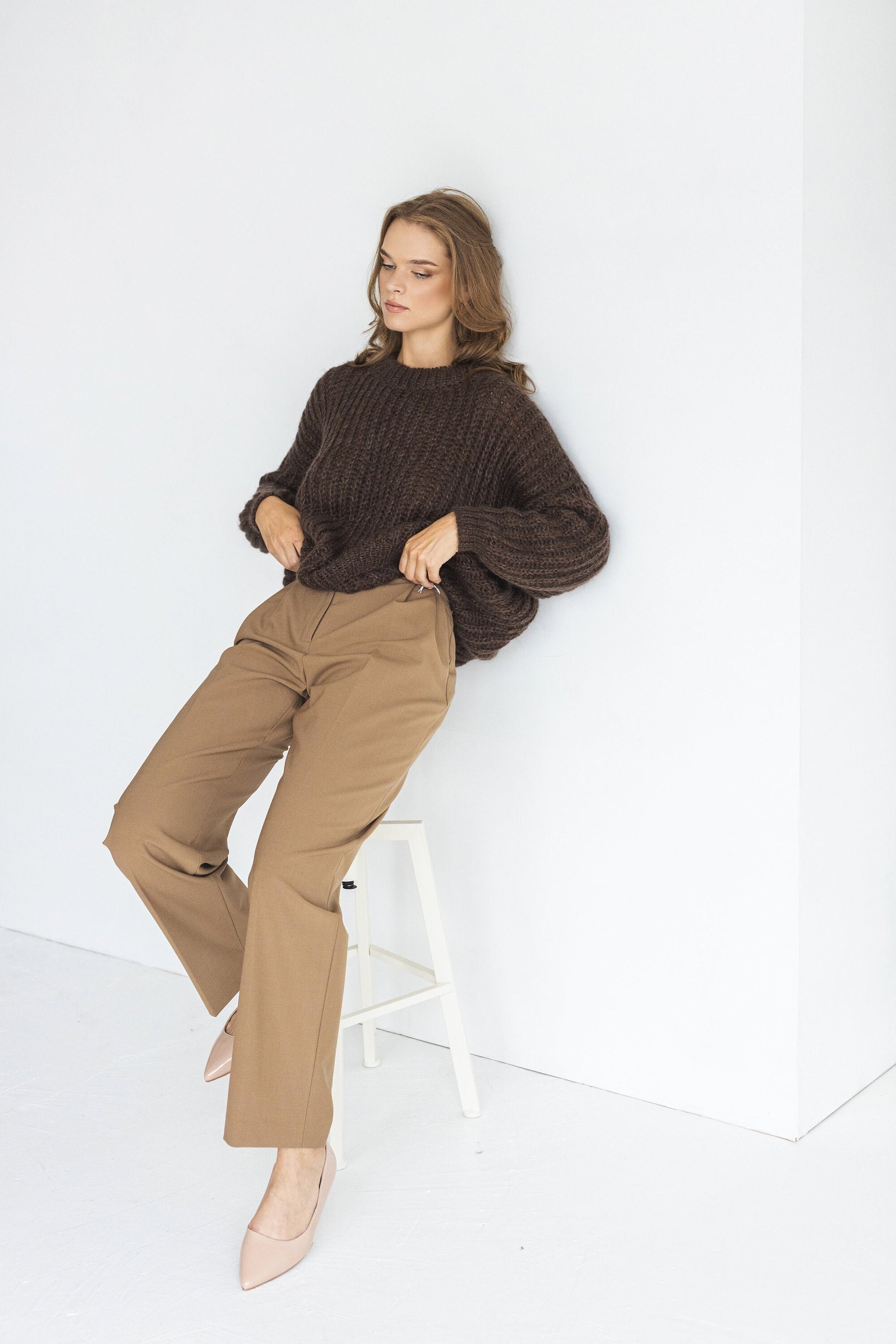 Brown oversized cable knit mohair sweater, fuzzy chunky knitted alpaca wool blend jumper, fluffy fisherman ribbed handmade thick pullover