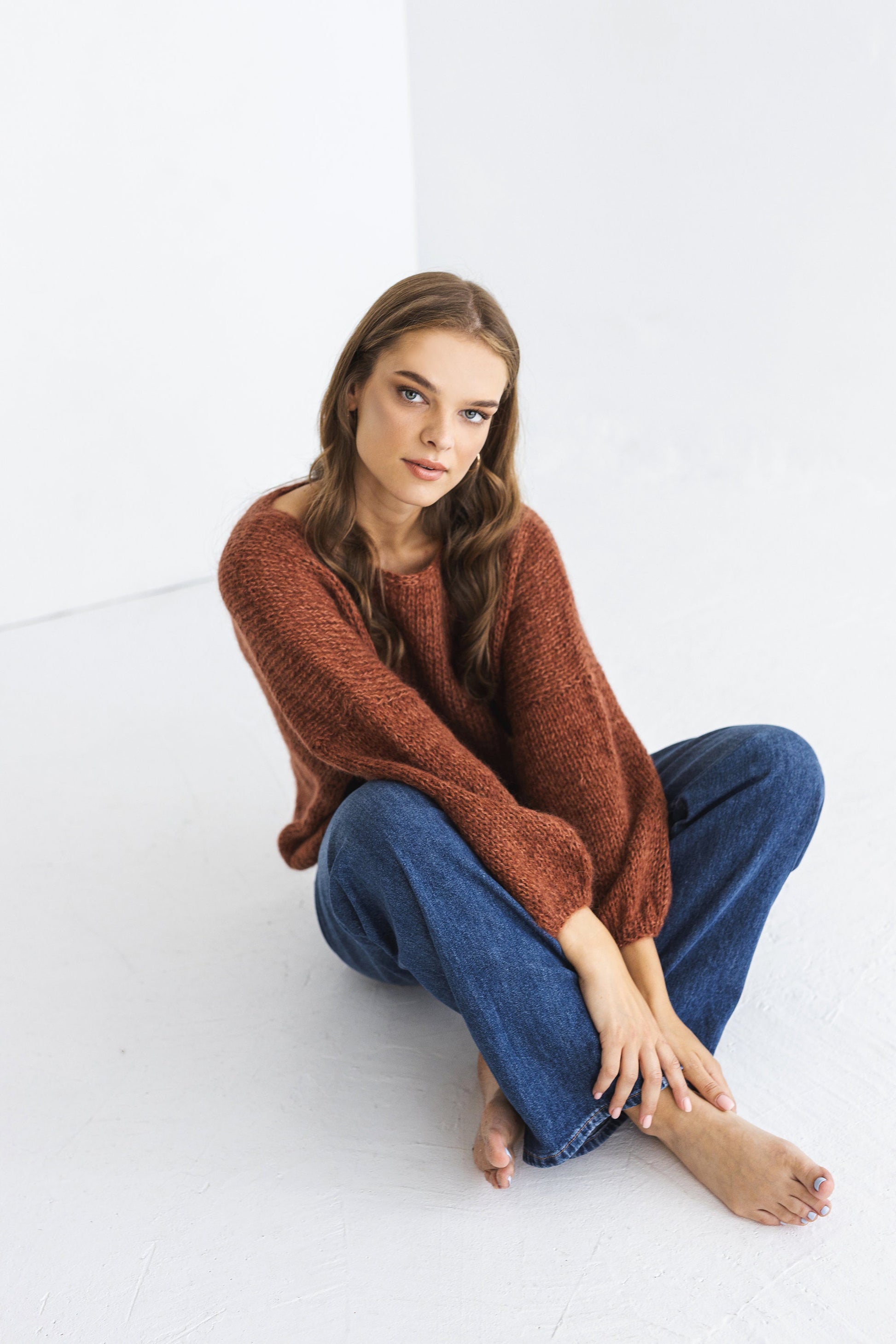 Rust cable knit fluffy mohair sweater, brown oversized chunky knitted alpaca wool women&#39;s jumper, burned orange handmade fuzzy pullover