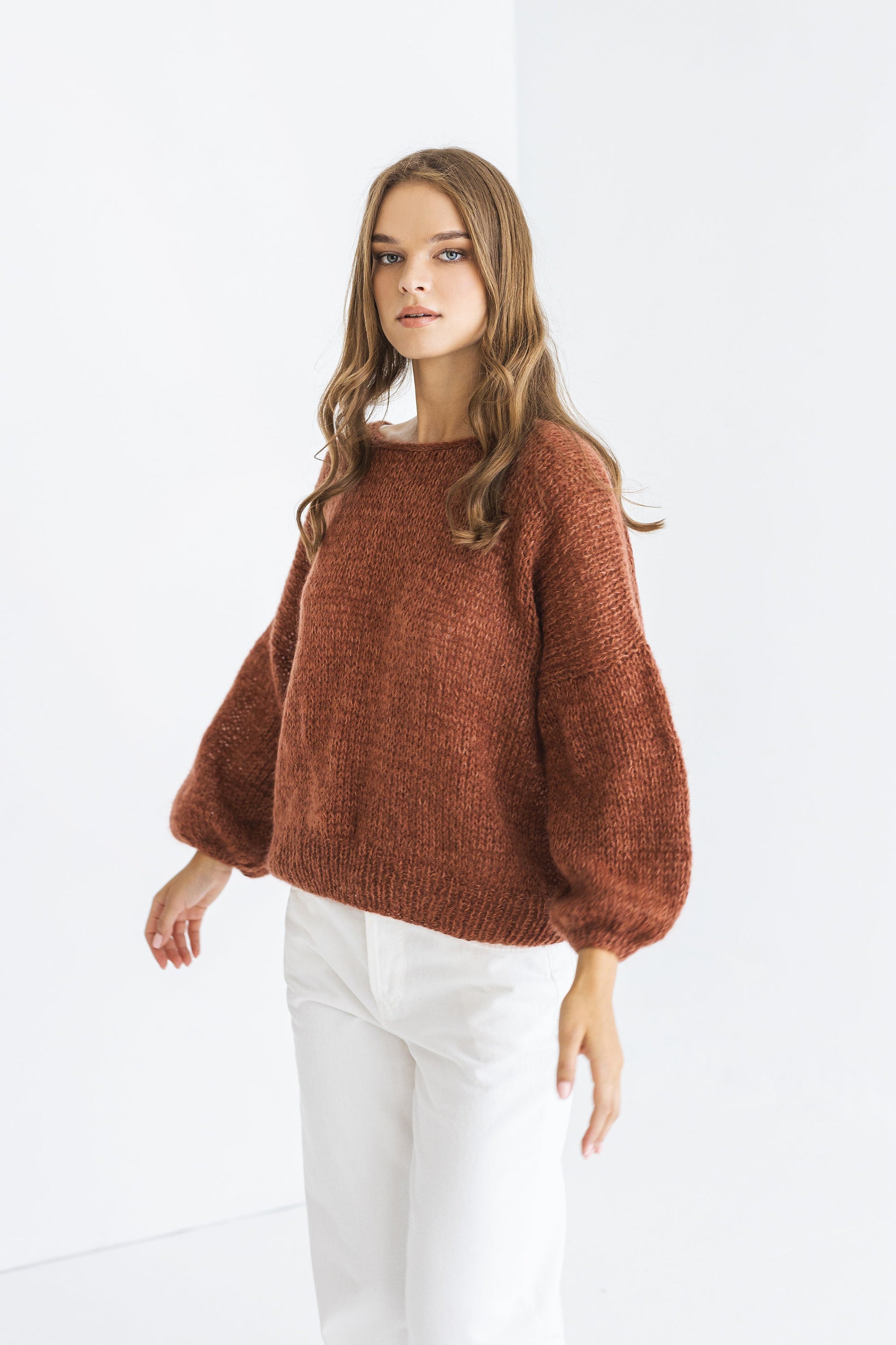 Rust cable knit fluffy mohair sweater, brown oversized chunky knitted alpaca wool women&#39;s jumper, burned orange handmade fuzzy pullover