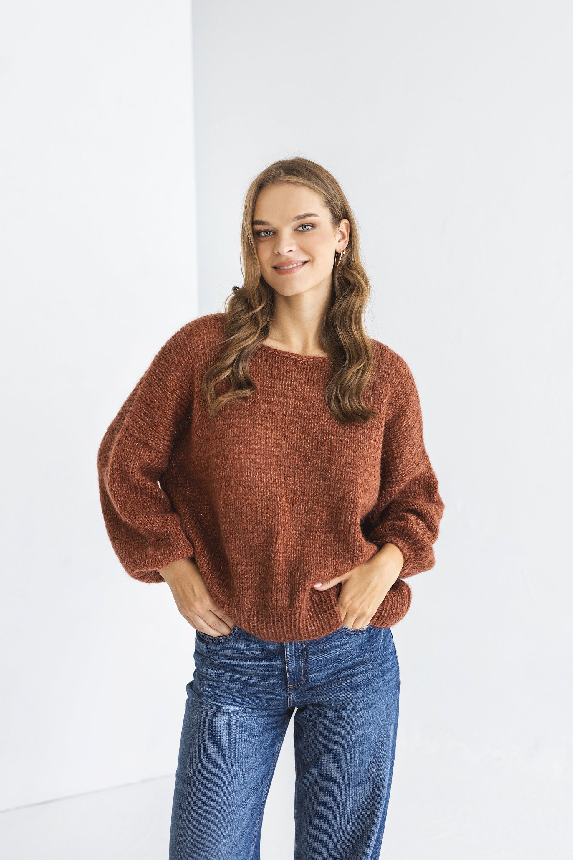 Rust cable knit fluffy mohair sweater, brown oversized chunky knitted alpaca wool women&#39;s jumper, burned orange handmade fuzzy pullover