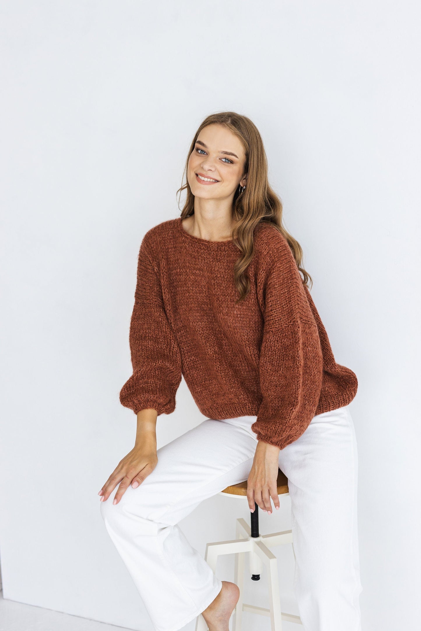 Rust cable knit fluffy mohair sweater, brown oversized chunky knitted alpaca wool women&#39;s jumper, burned orange handmade fuzzy pullover