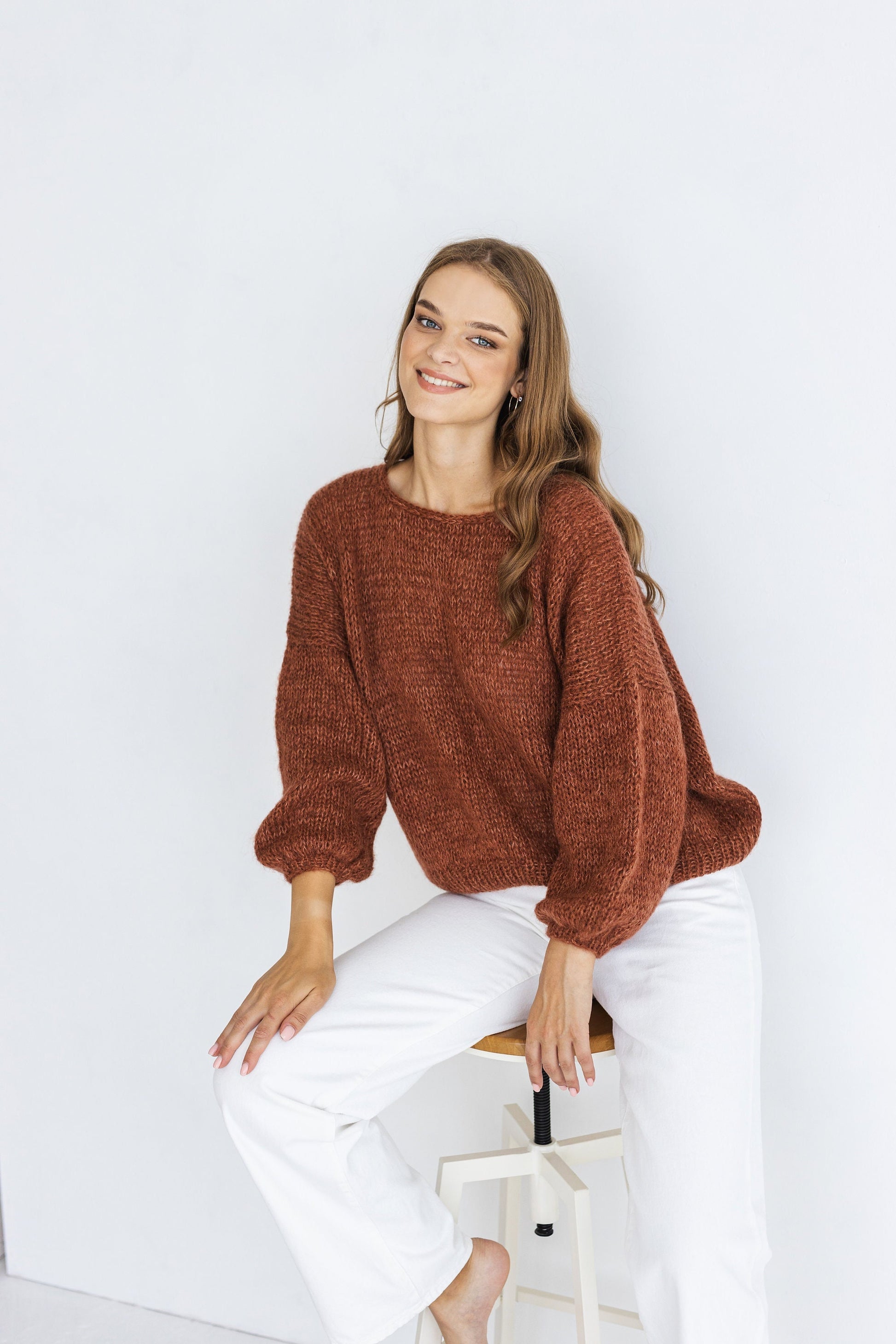 Rust cable knit fluffy mohair sweater, brown oversized chunky knitted alpaca wool women&#39;s jumper, burned orange handmade fuzzy pullover