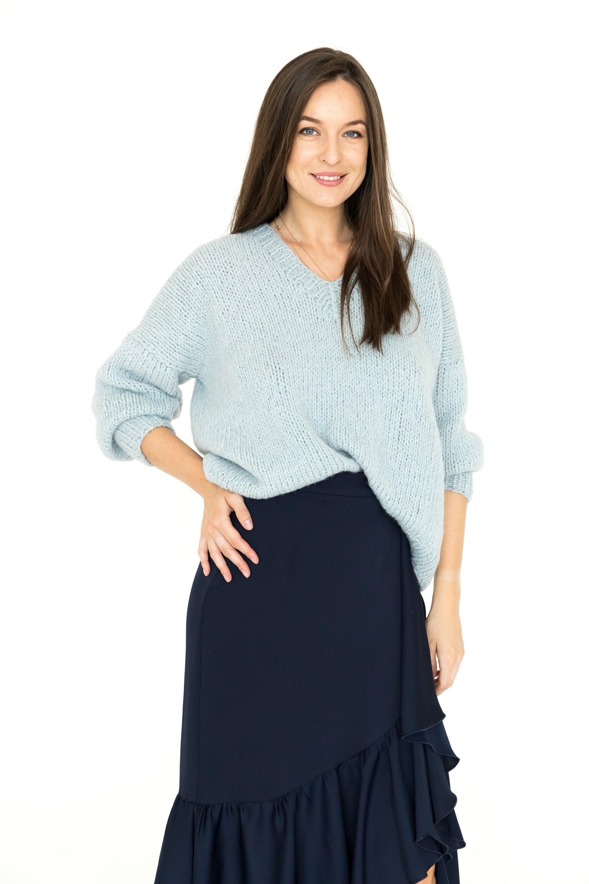 Cable knit light blue V-neck alpaca wool jumper, sky blue hand-knitted slightly oversized sweater, pacific women&#39;s pullover, handmade gift