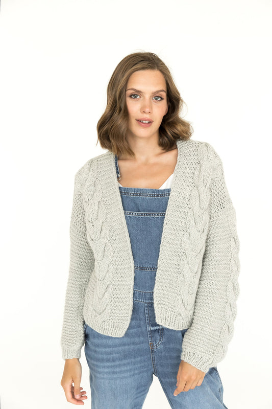 Light Gray Cable Knitted Alpaca And Lambs Wool Chunky Cardigan, Boho Moonshine Grey Handmade Bomber Jacket, Women&#39;s Hand Knit Sweater Gift