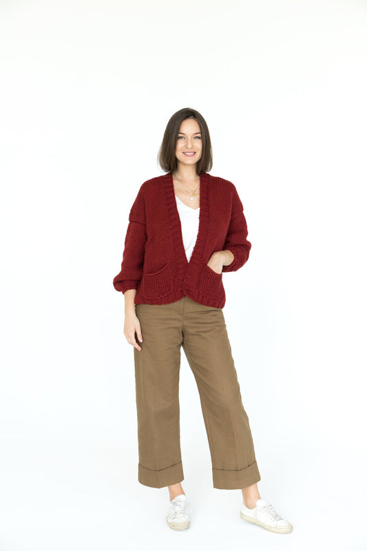 Bordeaux Chunky Knit Alpaca Wool Cardigan With Pockets, Slightly Oversized Burgundy Cable Knitted Jacket, Handmade Wool Cardigan For Women