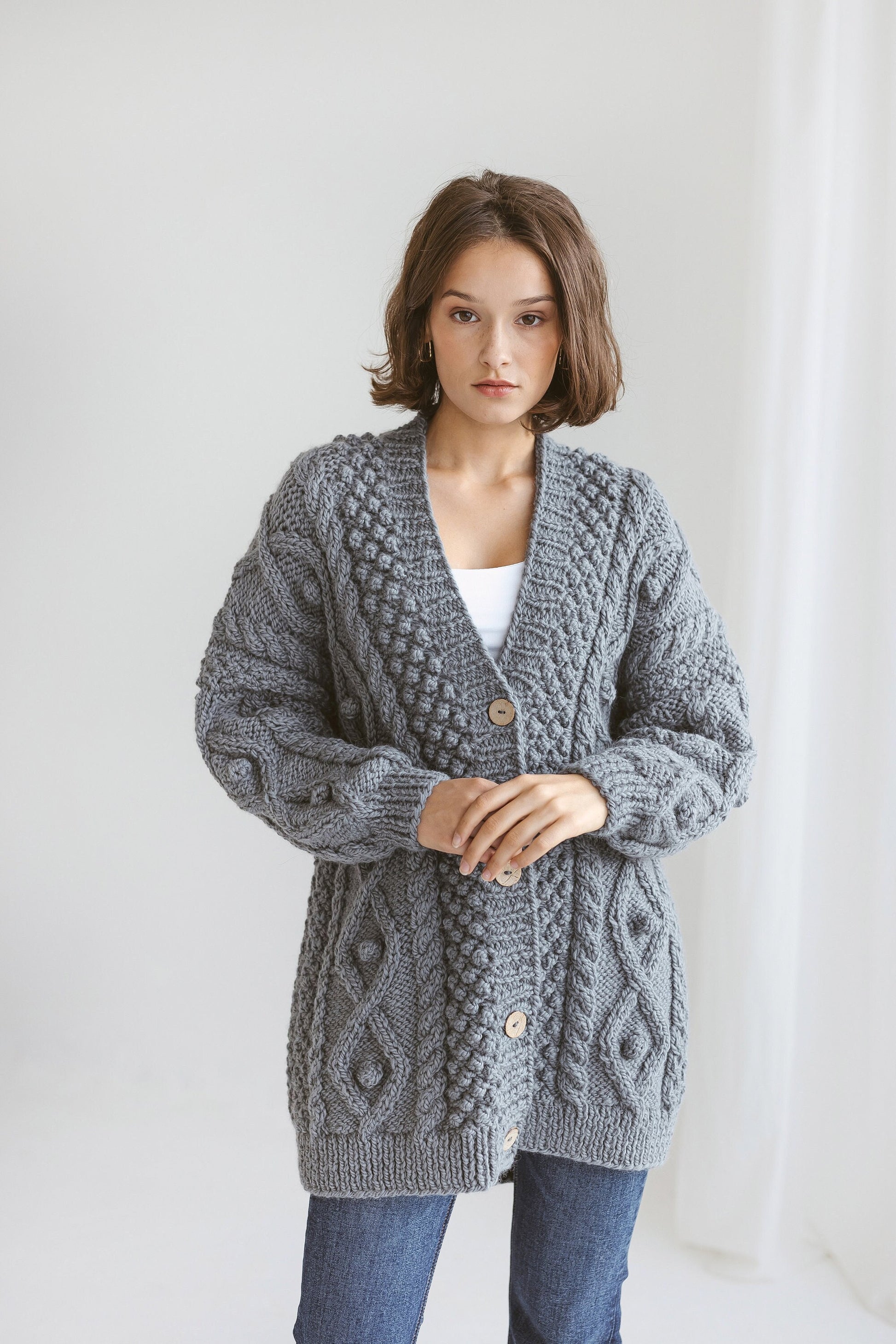 Gray super chunky knit alpaca wool cardigan with buttons, Irish cable knitted grey oversized women&#39;s sweater, thick jacket with braids, gift
