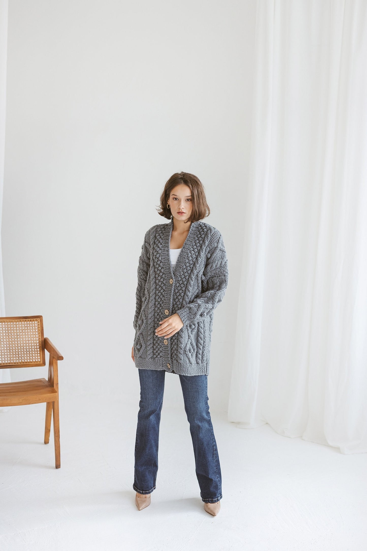 Gray super chunky knit alpaca wool cardigan with buttons, Irish cable knitted grey oversized women&#39;s sweater, thick jacket with braids, gift