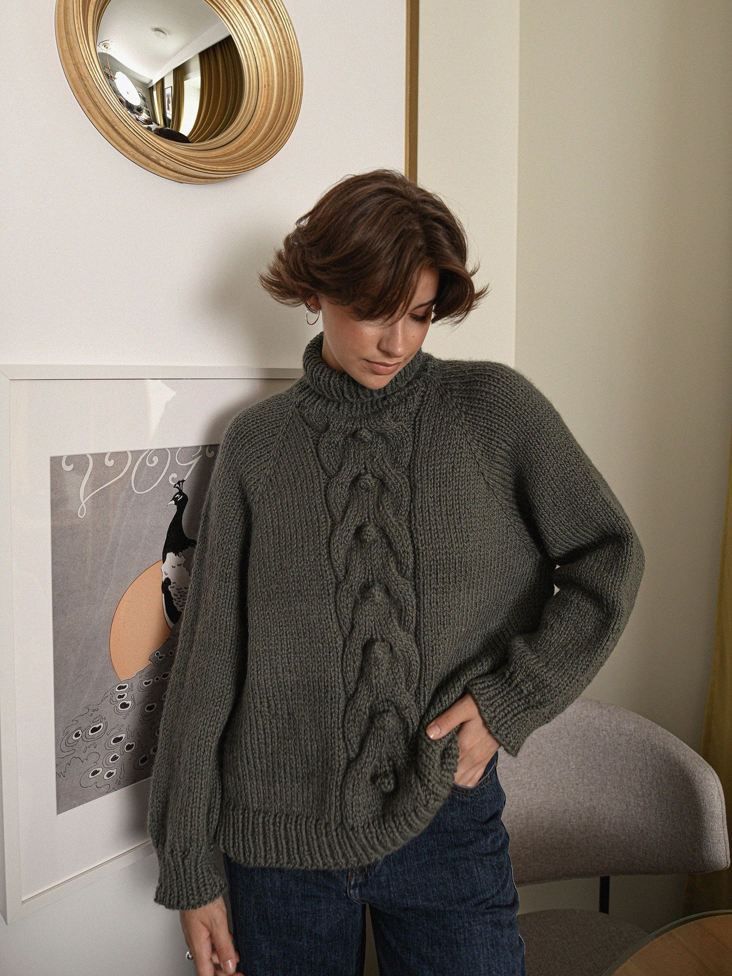 Moss Green Relaxed Fit Alpaca Sweater, Chunky Turtleneck Olive Green Wool Sweater, Cable Knit Women Pullover, Knitted Jumper With High Neck