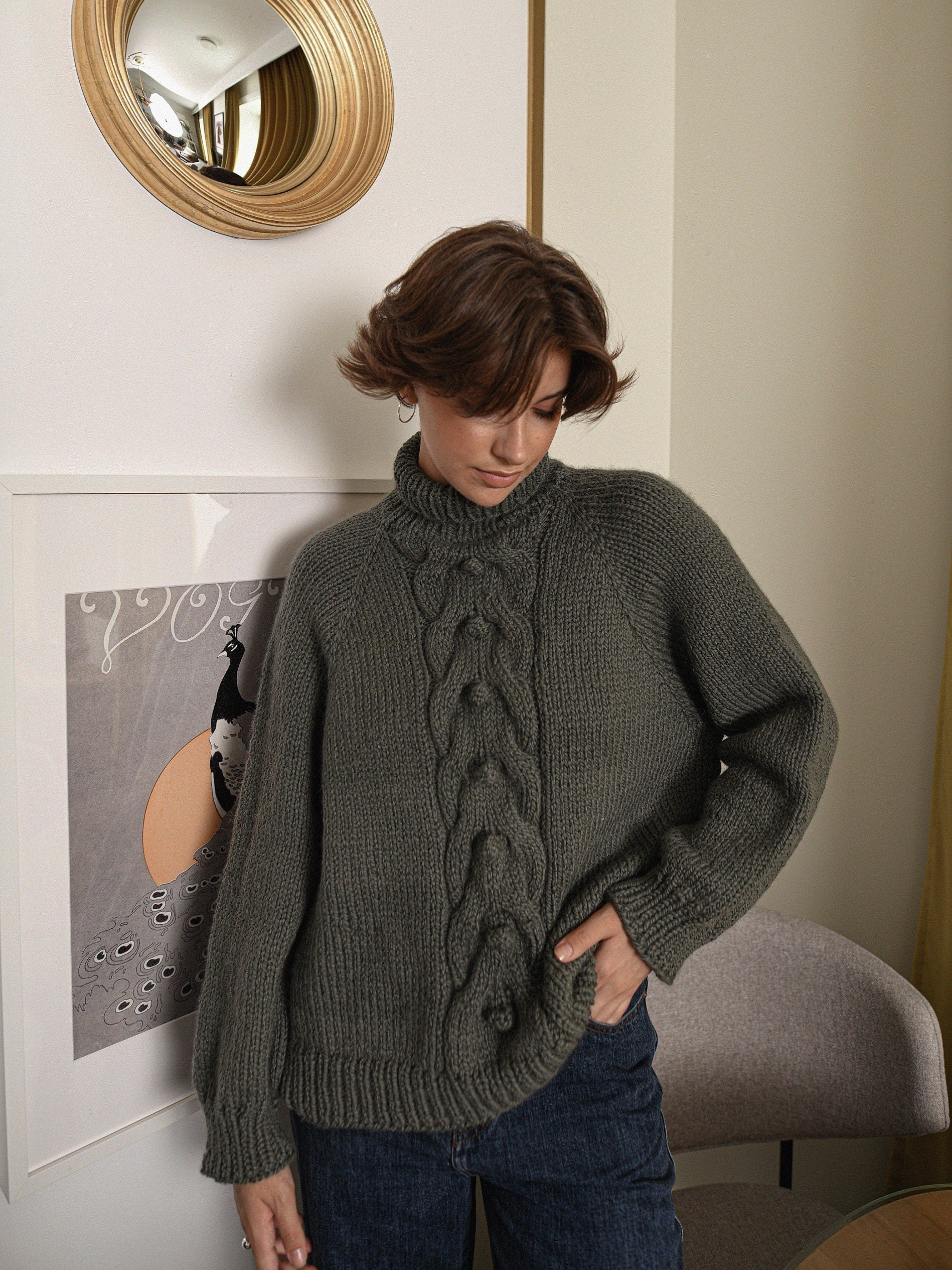 Moss Green Relaxed Fit Alpaca Sweater, Chunky Turtleneck Olive Green Wool Sweater, Cable Knit Women Pullover, Knitted Jumper With High Neck