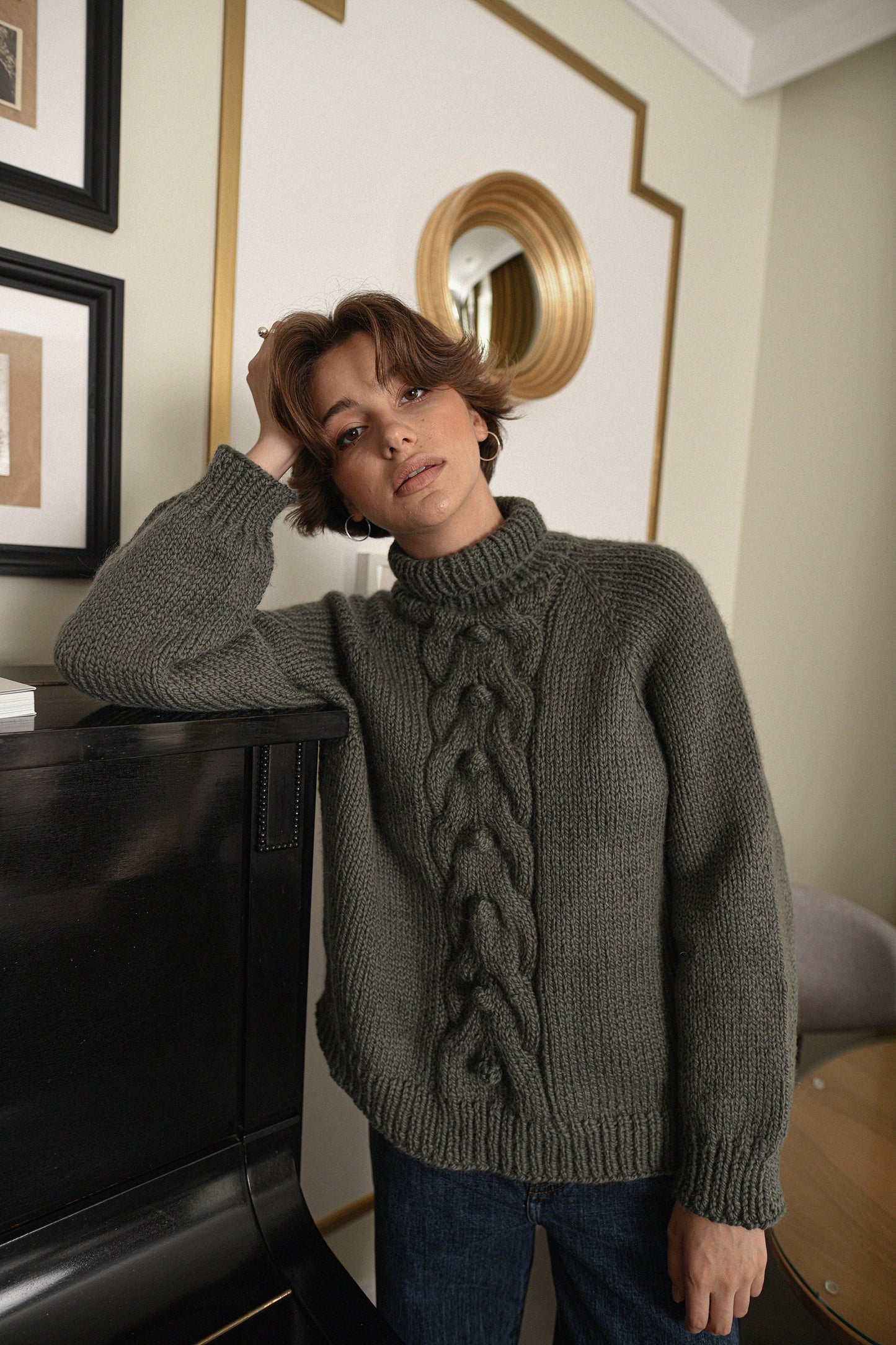 Moss Green Relaxed Fit Alpaca Sweater, Chunky Turtleneck Olive Green Wool Sweater, Cable Knit Women Pullover, Knitted Jumper With High Neck