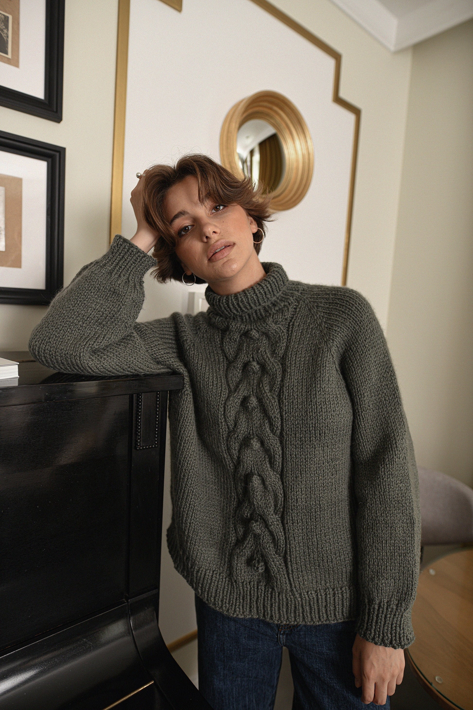 Moss Green Relaxed Fit Alpaca Sweater, Chunky Turtleneck Olive Green Wool Sweater, Cable Knit Women Pullover, Knitted Jumper With High Neck