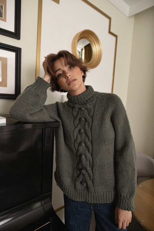 Moss Green Relaxed Fit Alpaca Sweater, Chunky Turtleneck Olive Green Wool Sweater, Cable Knit Women Pullover, Knitted Jumper With High Neck