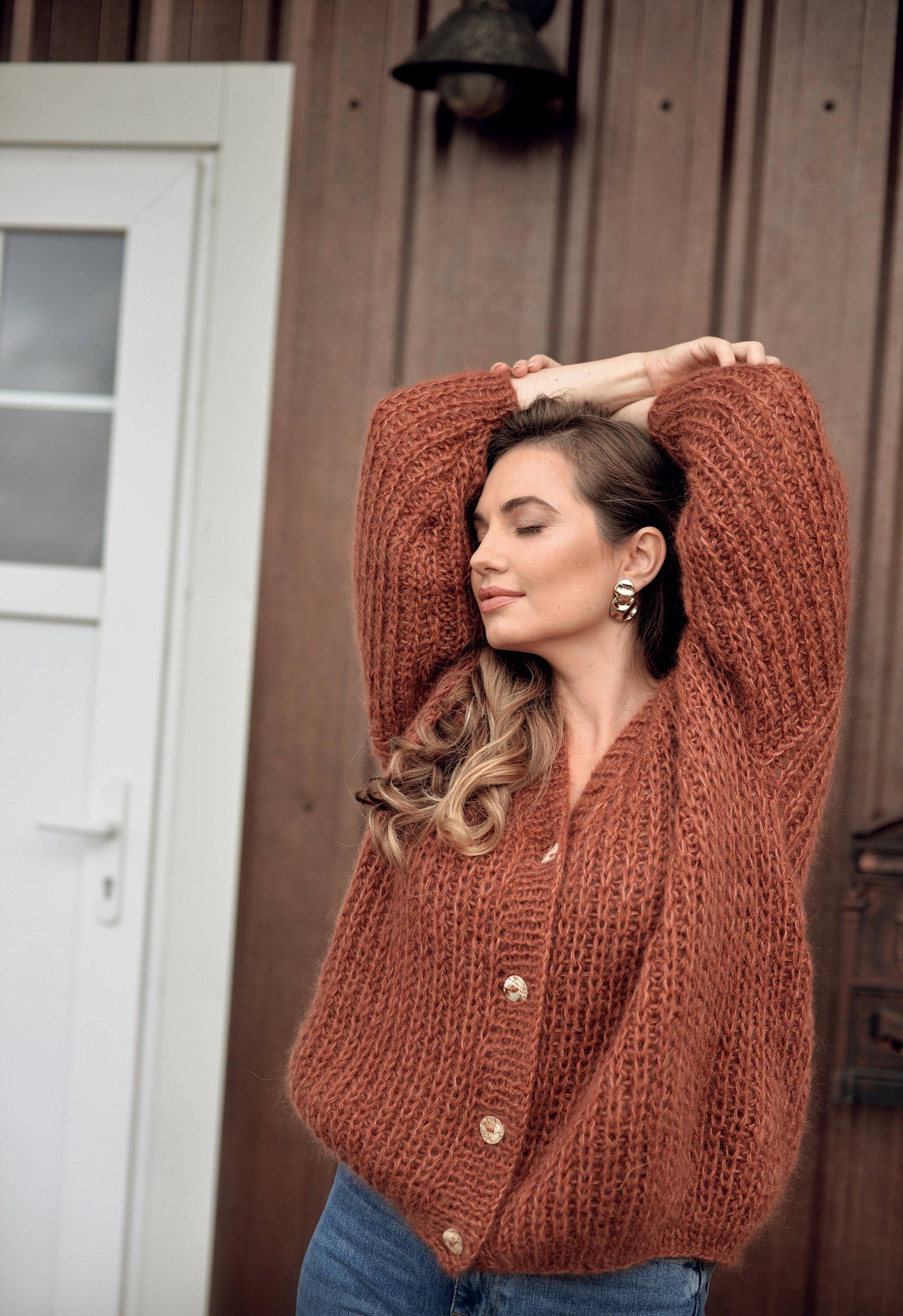 Rust cable knit mohair cardigan, orange fluffy alpaca blend sweater, ginger chunky knitted fuzzy jacket, oversized cardigan with buttons