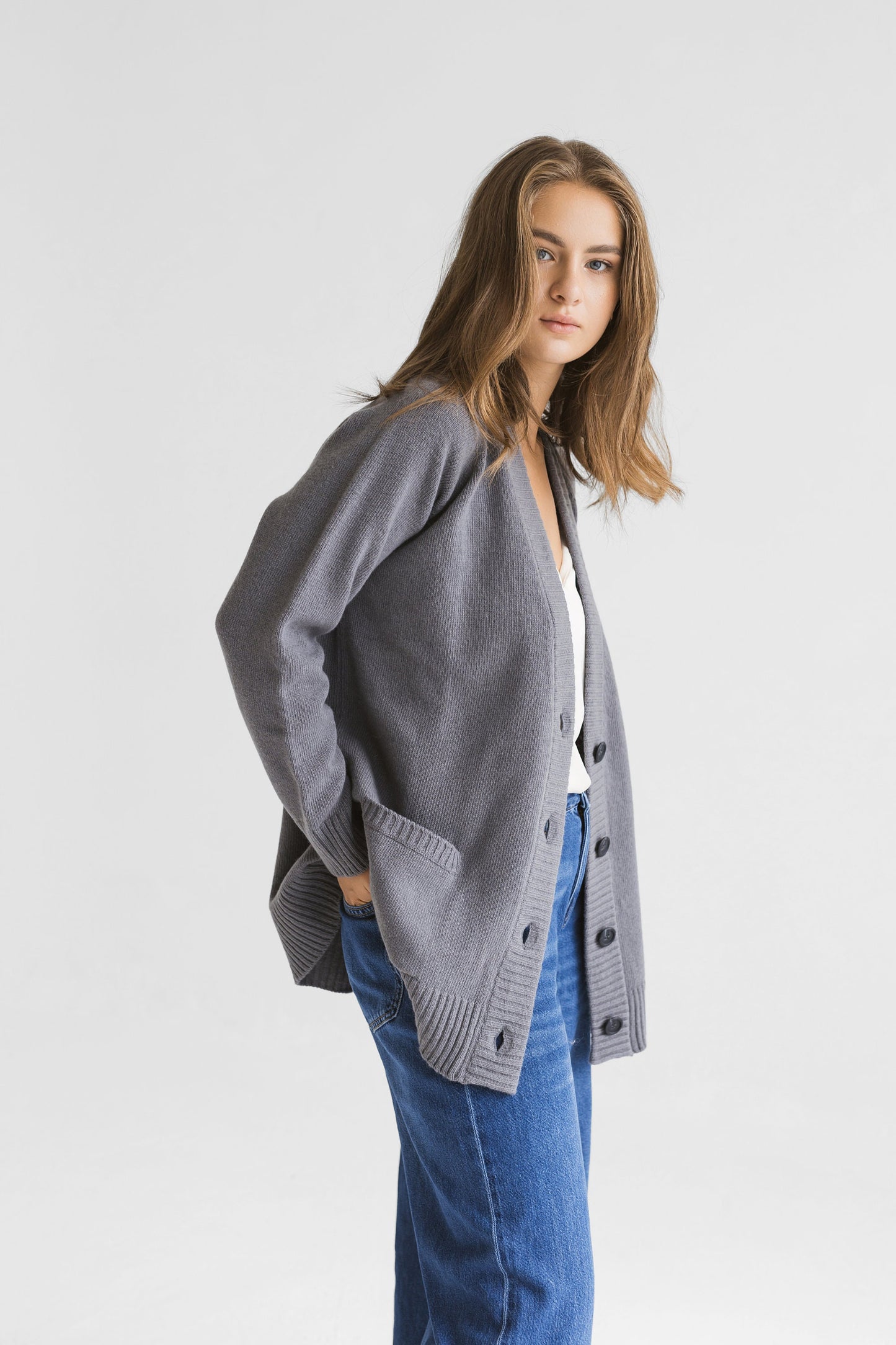 Gray knitted merino wool and cashmere blend cardigan with pockets and buttons, slightly oversized grey knit sweater for women, minimal gift