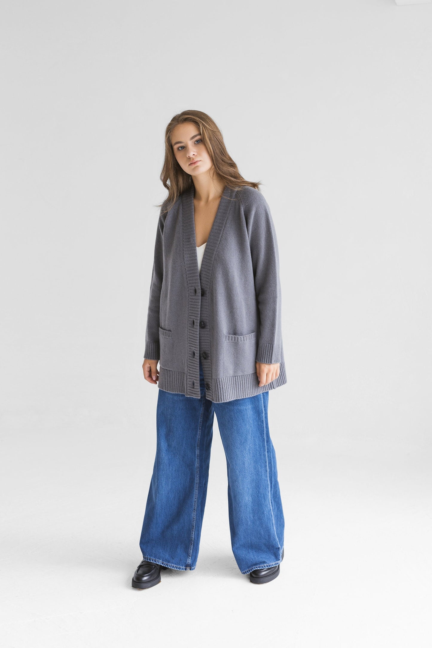Gray knitted merino wool and cashmere blend cardigan with pockets and buttons, slightly oversized grey knit sweater for women, minimal gift