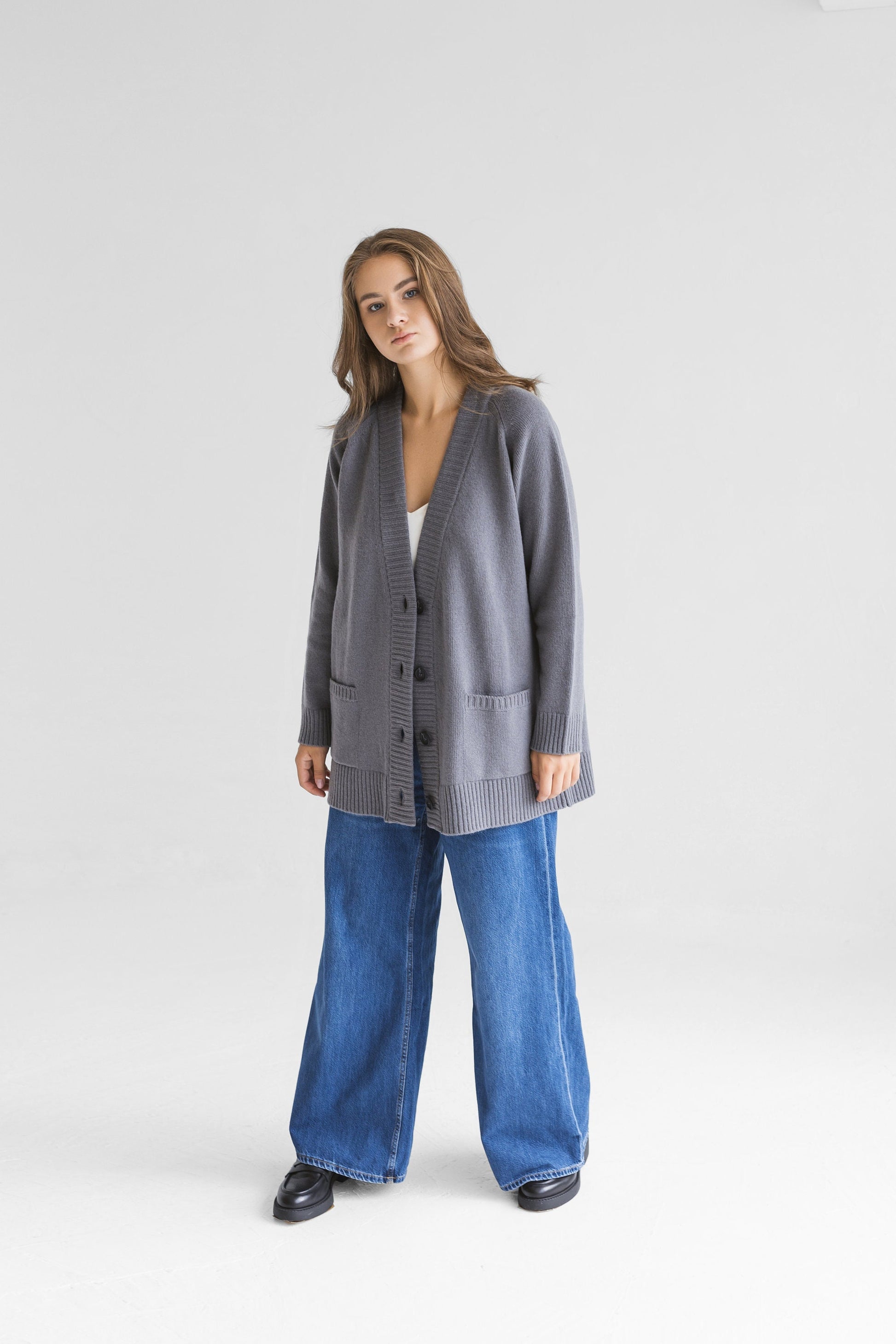 Gray knitted merino wool and cashmere blend cardigan with pockets and buttons, slightly oversized grey knit sweater for women, minimal gift