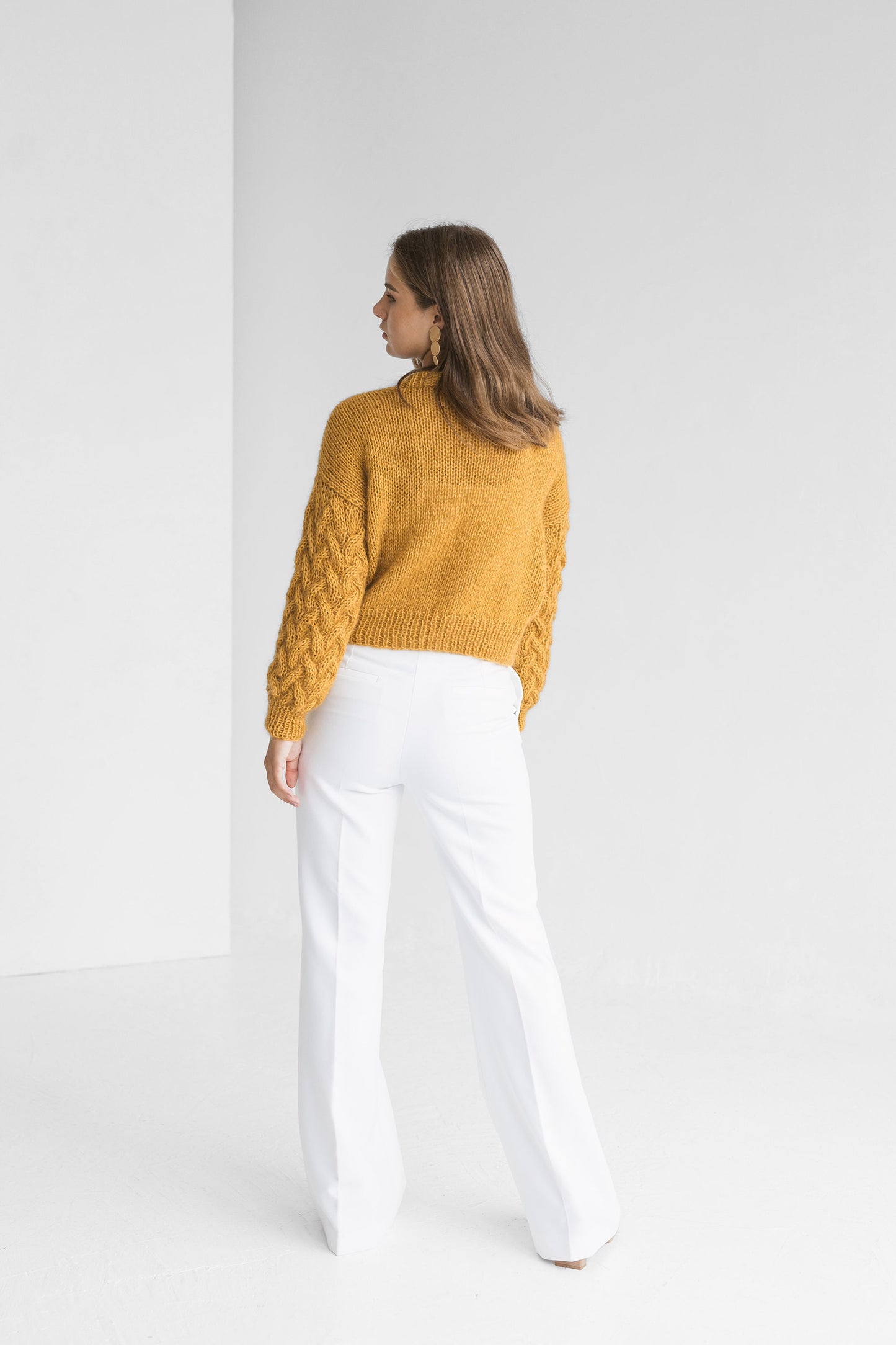 Curry mohair high waste knitted sweater, yellow cropped alpaca wool blend jumper, mustard fluffy crop cable knit pullover,fuzzy short chunky