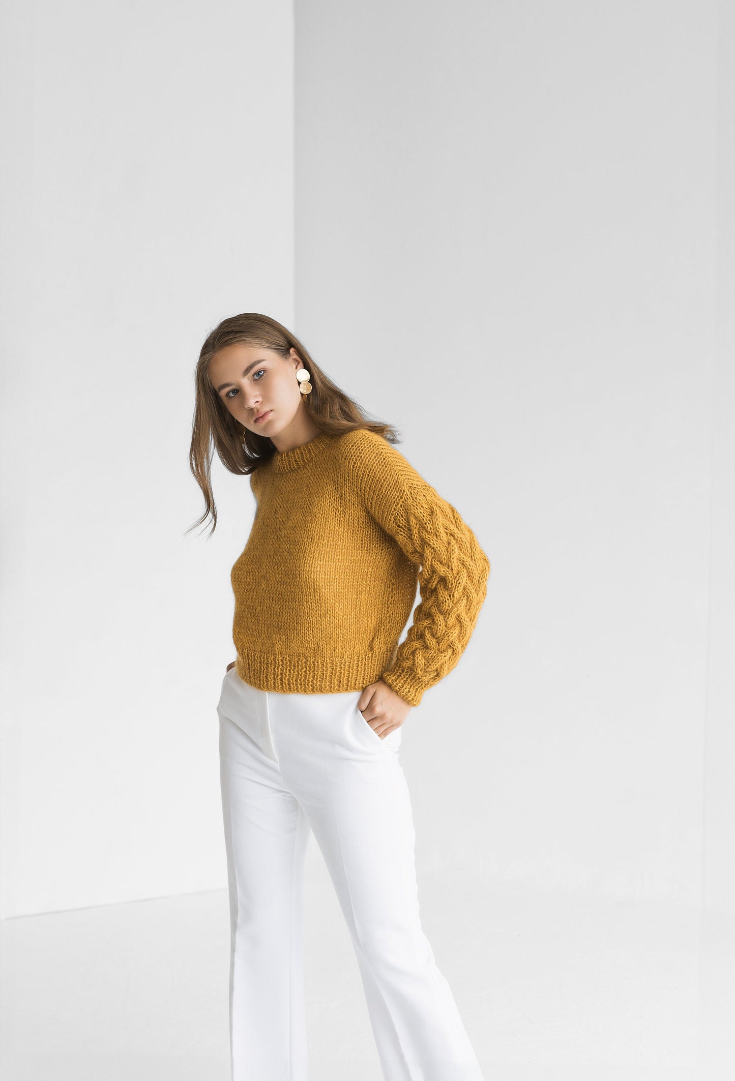 Curry mohair high waste knitted sweater, yellow cropped alpaca wool blend jumper, mustard fluffy crop cable knit pullover,fuzzy short chunky