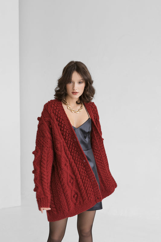 Dark Red Oversized Alpaca Cardigan With Buttons, Burgundy Wine Color Chunky Cable Knit Cardigan, Bordeaux Woolen Knitted Women's Sweater