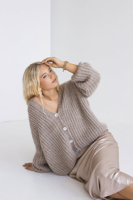 Beige fluffy chunky knitted mohair cardigan with buttons, camel cable knit alpaca wool blend buttoned thick sweater, taupe fuzzy oversized