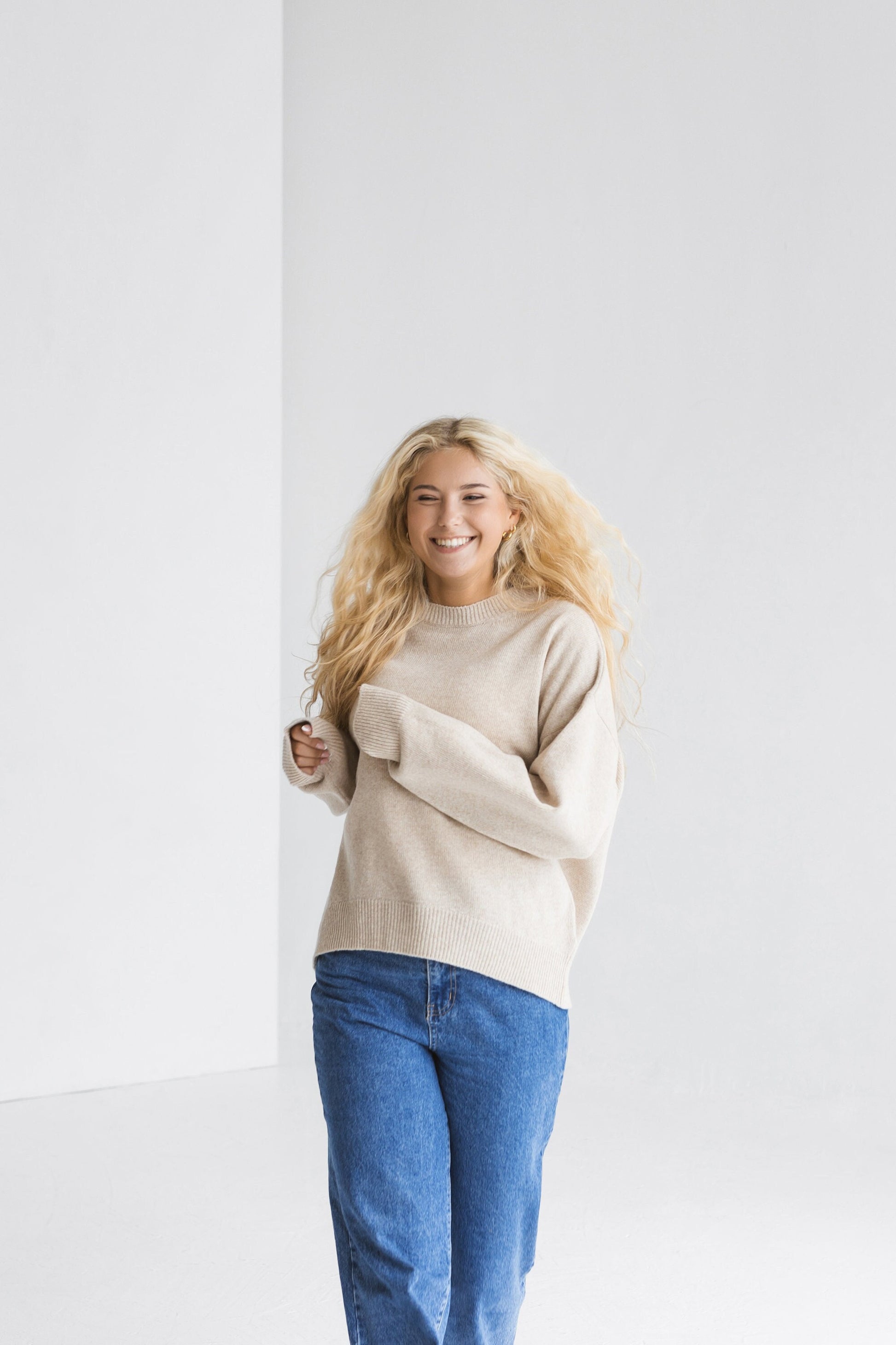 Beige knitted merino wool sweater for women, taupe women&#39;s knit minimalist pullover with longer back, camel minimal jumper, pastel fall pull