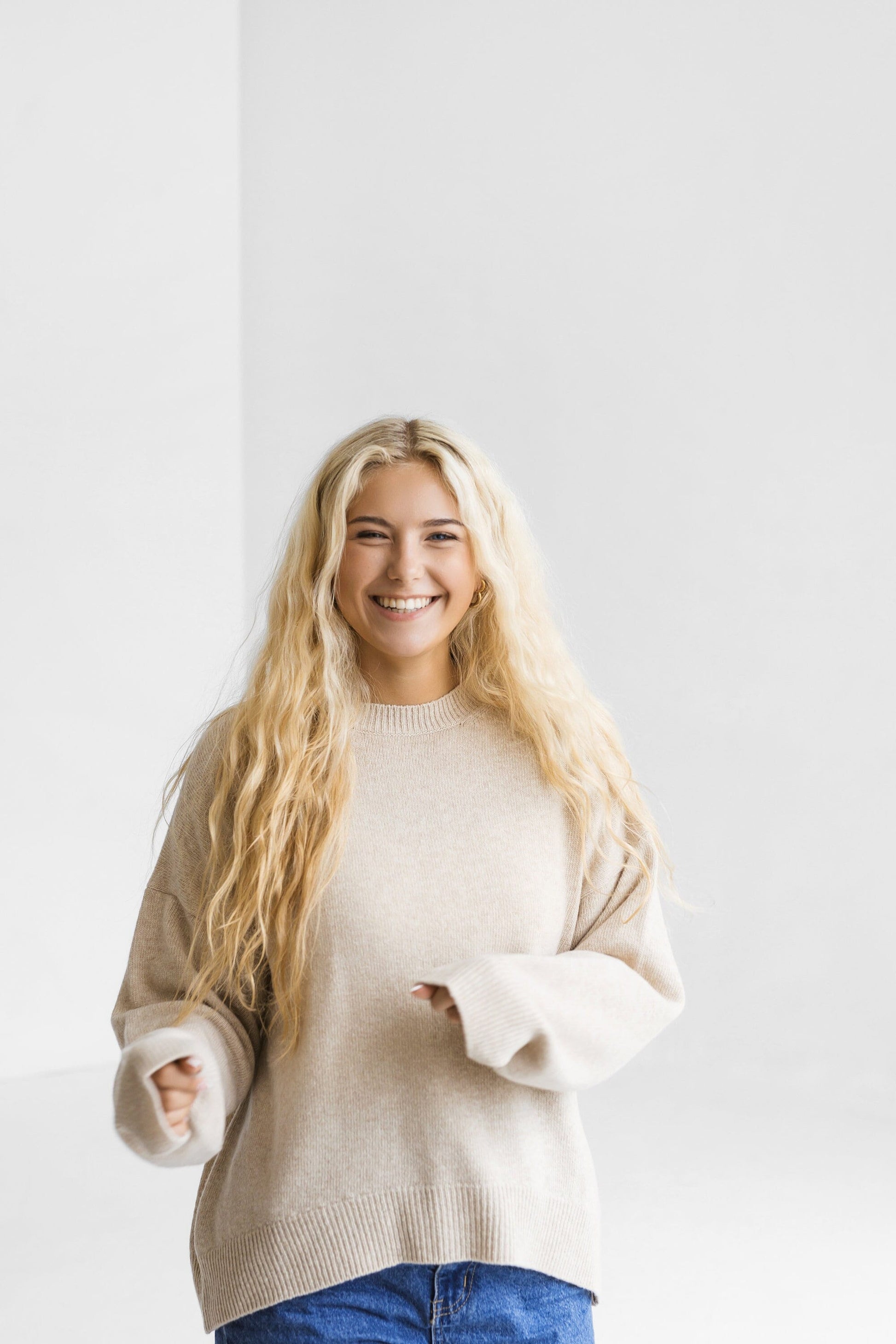 Beige knitted merino wool sweater for women, taupe women&#39;s knit minimalist pullover with longer back, camel minimal jumper, pastel fall pull
