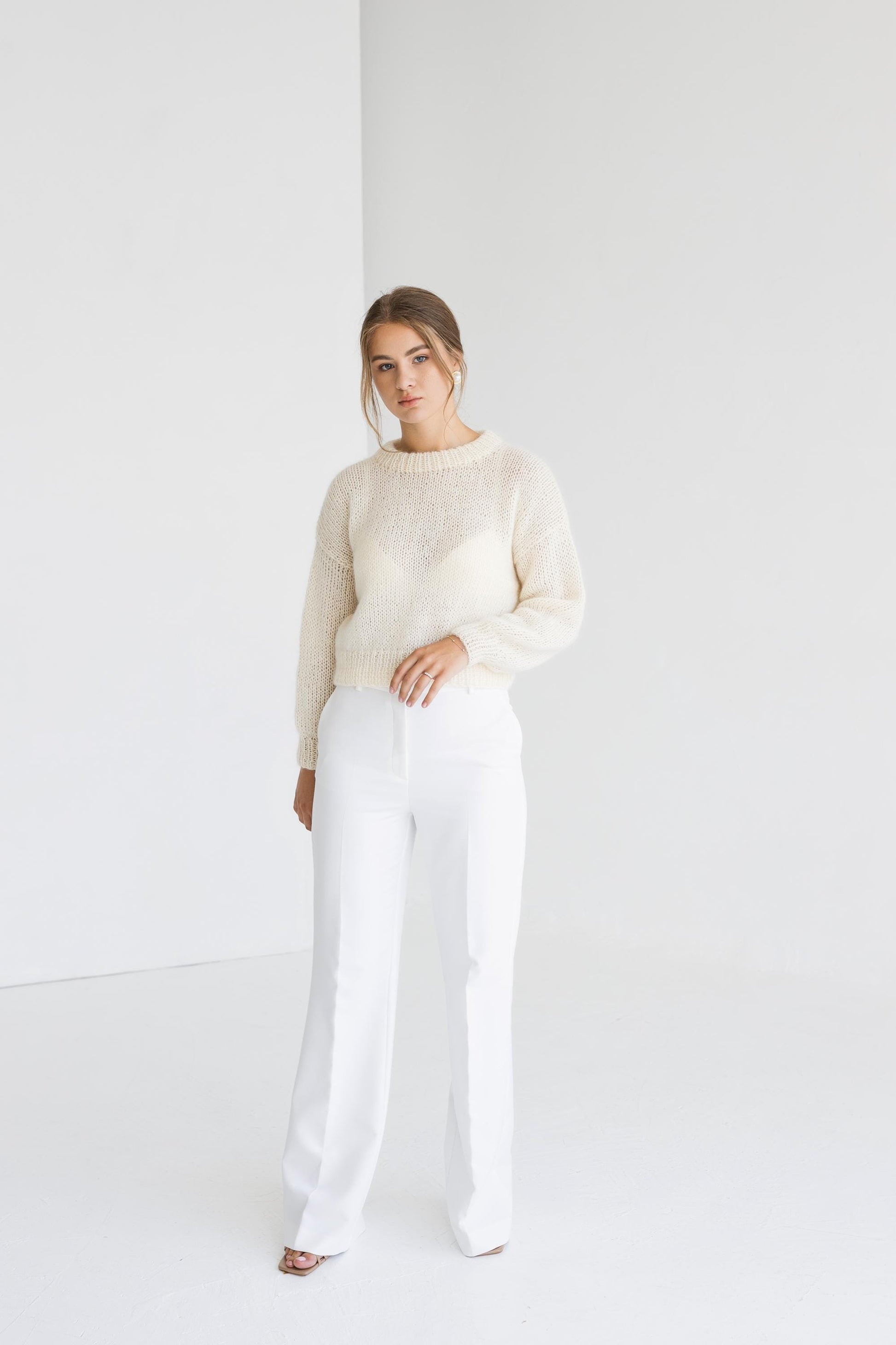 White mohair high waste knitted sweater, ivory cropped fuzzy alpaca wool blend jumper, milky fluffy crop cable knit chunky pullover, short