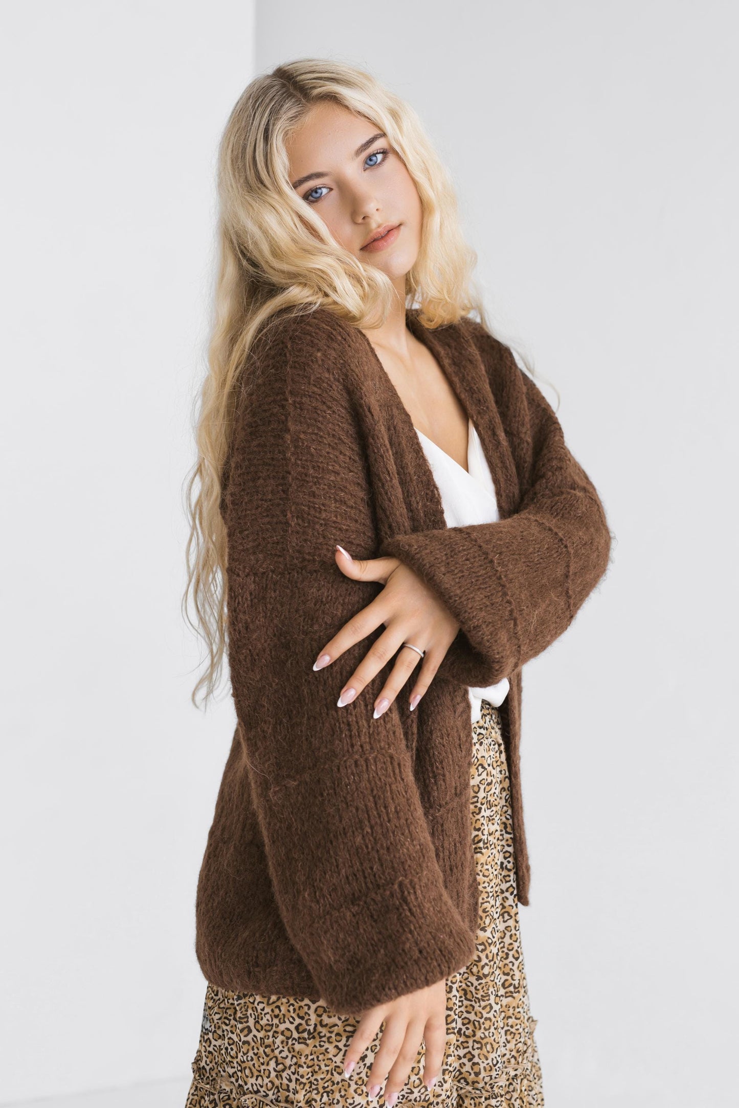 Chocolate brown alpaca wool and silk cable knit cardigan, coffee brown chunky knitted lightweight loose sweater, slightly oversized classic