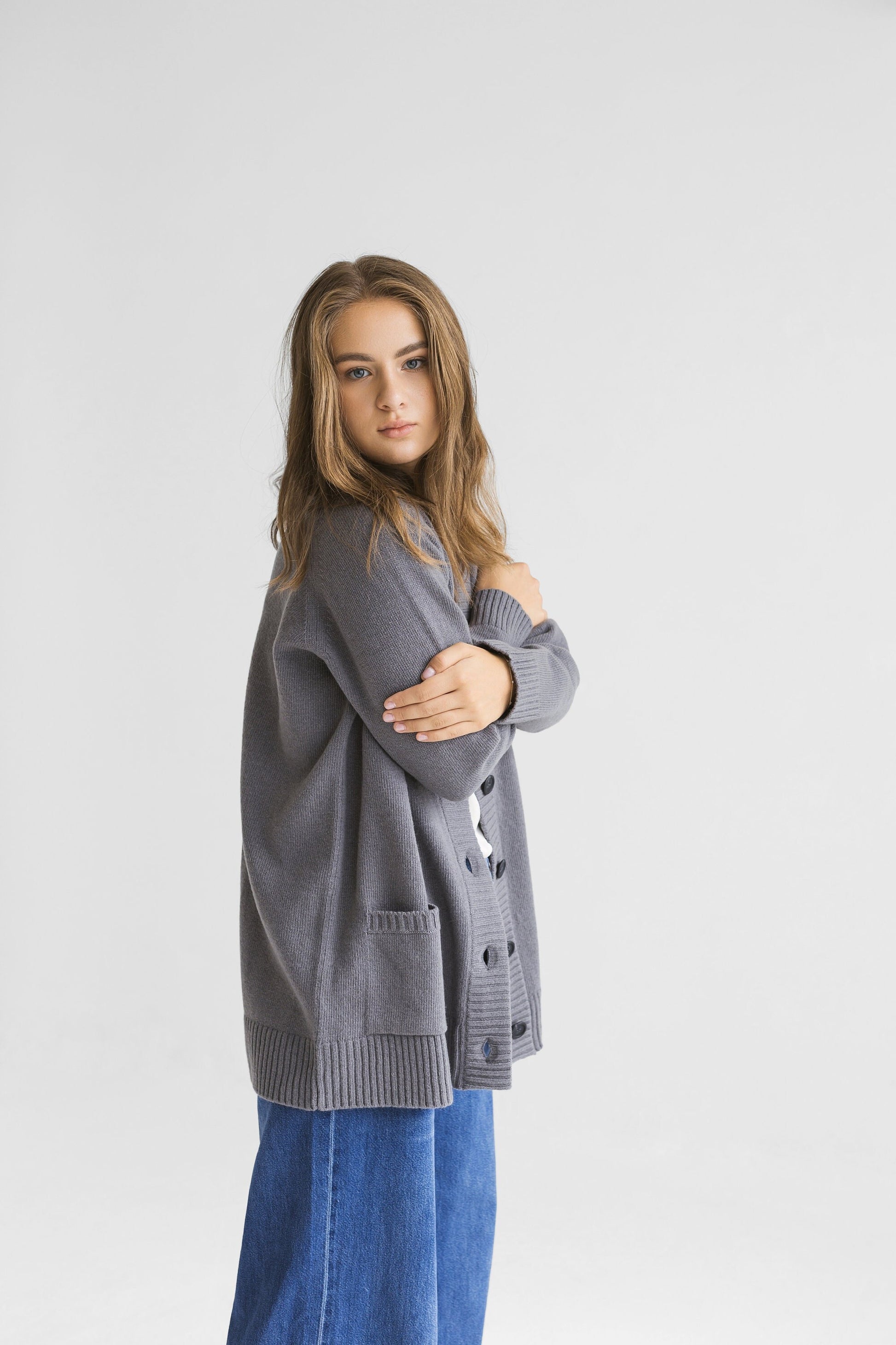 Gray knitted merino wool and cashmere blend cardigan with pockets and buttons, slightly oversized grey knit sweater for women, minimal gift