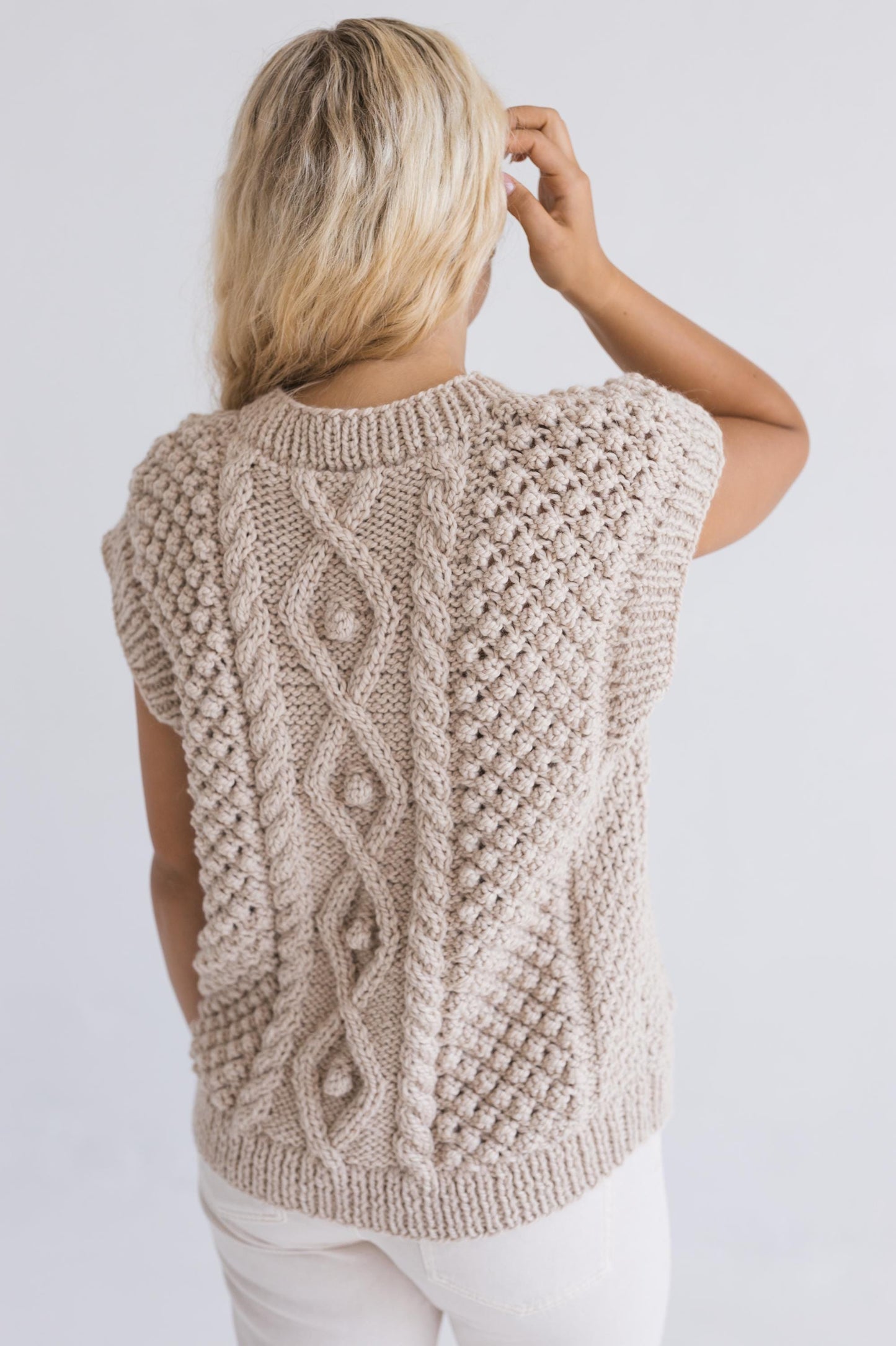 Chunky knit pastel beige alpaca wool sweater vest, cream taupe cable knitted v-neck gilet, thick handmade fair isle hand-made top with braid
