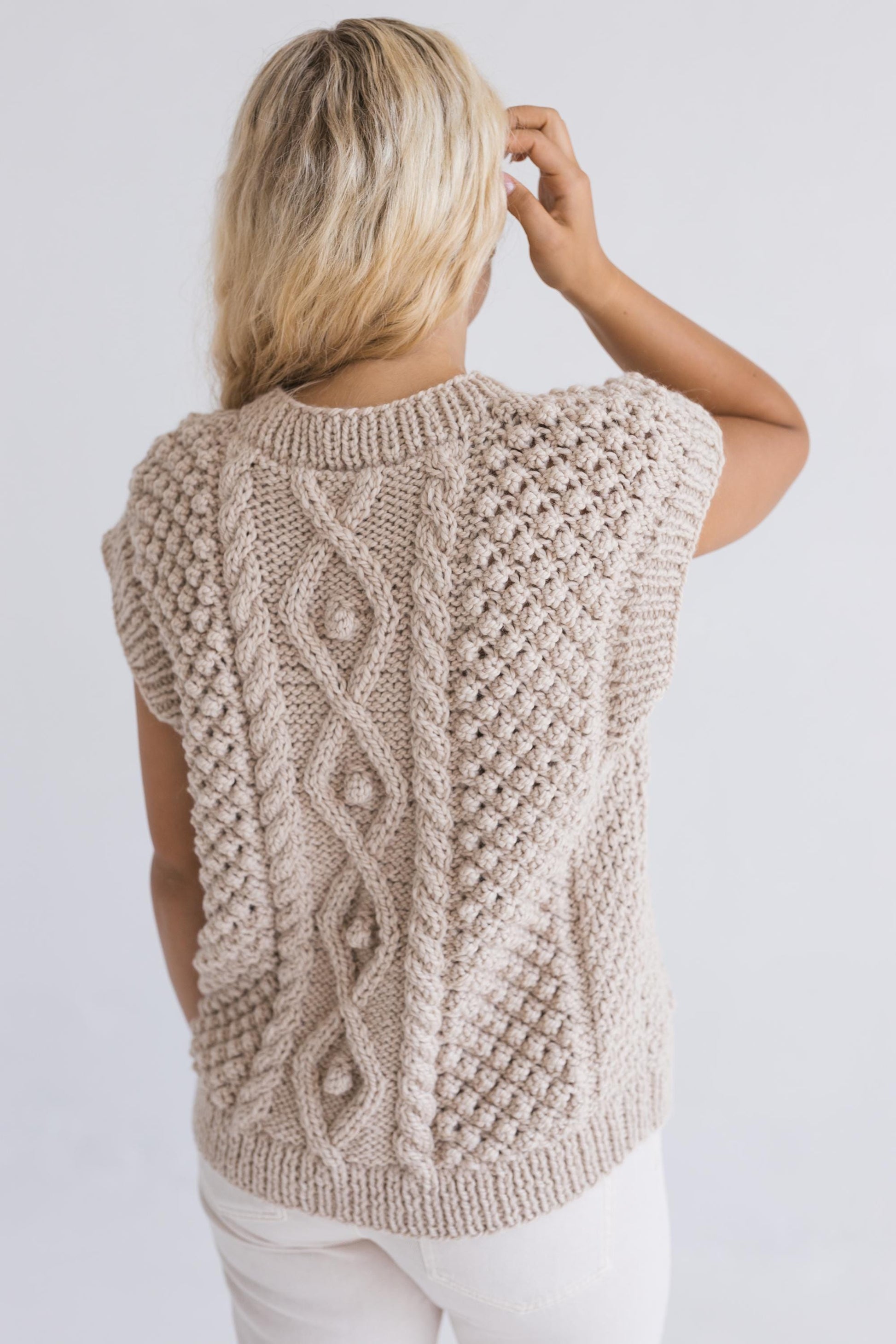 Chunky knit pastel beige alpaca wool sweater vest, cream taupe cable knitted v-neck gilet, thick handmade fair isle hand-made top with braid