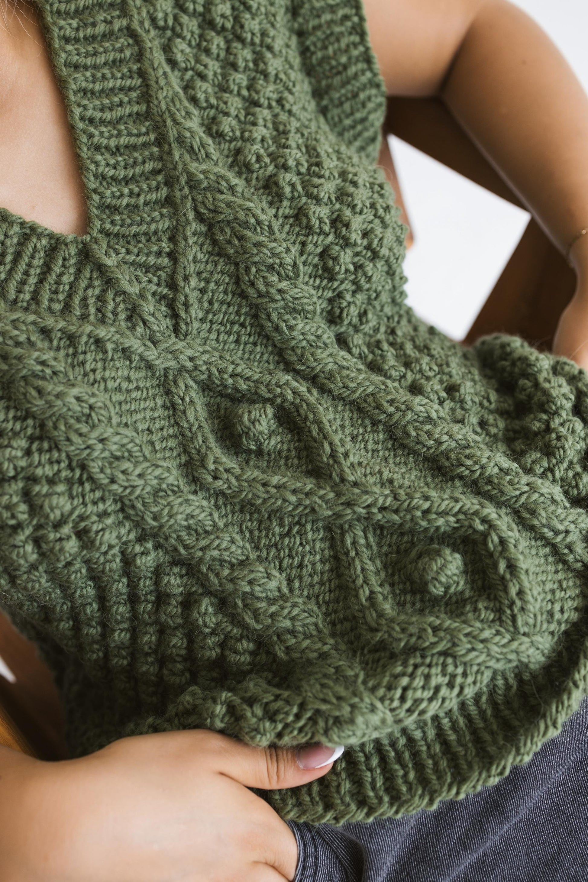 Chunky knit forest green alpaca wool sweater vest, cable knitted deep v-neck winter gilet, thick Fair Isle hand-made top pullover with braid