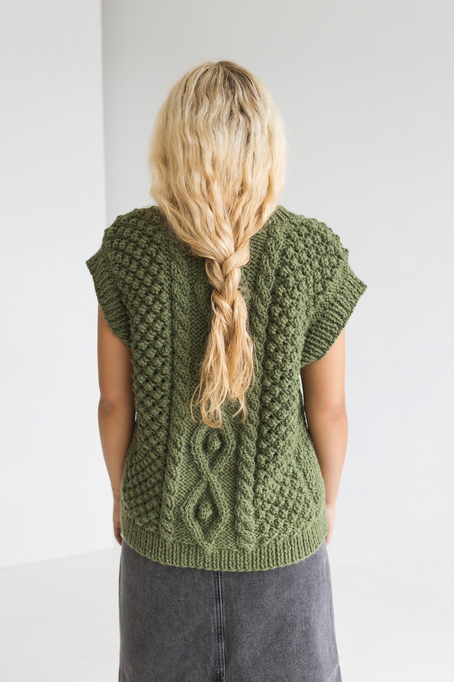 Chunky knit forest green alpaca wool sweater vest, cable knitted deep v-neck winter gilet, thick Fair Isle hand-made top pullover with braid