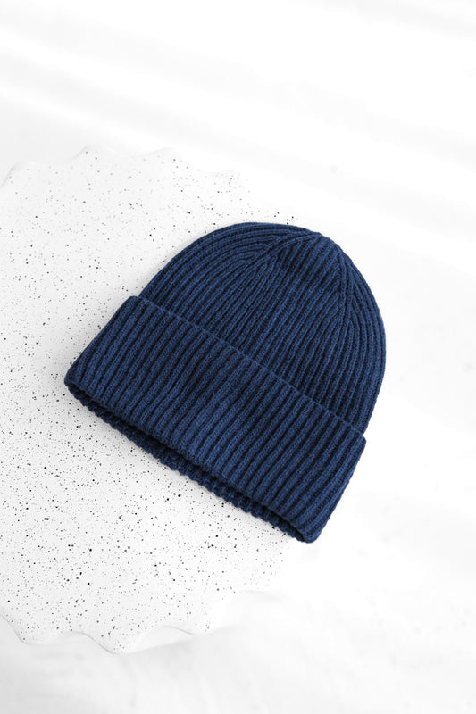 Navy blue knitted merino wool and cashmere hat for women, indigo women&#39;s knit minimalist beanie, classy minimal denim blue hat, perfect gift