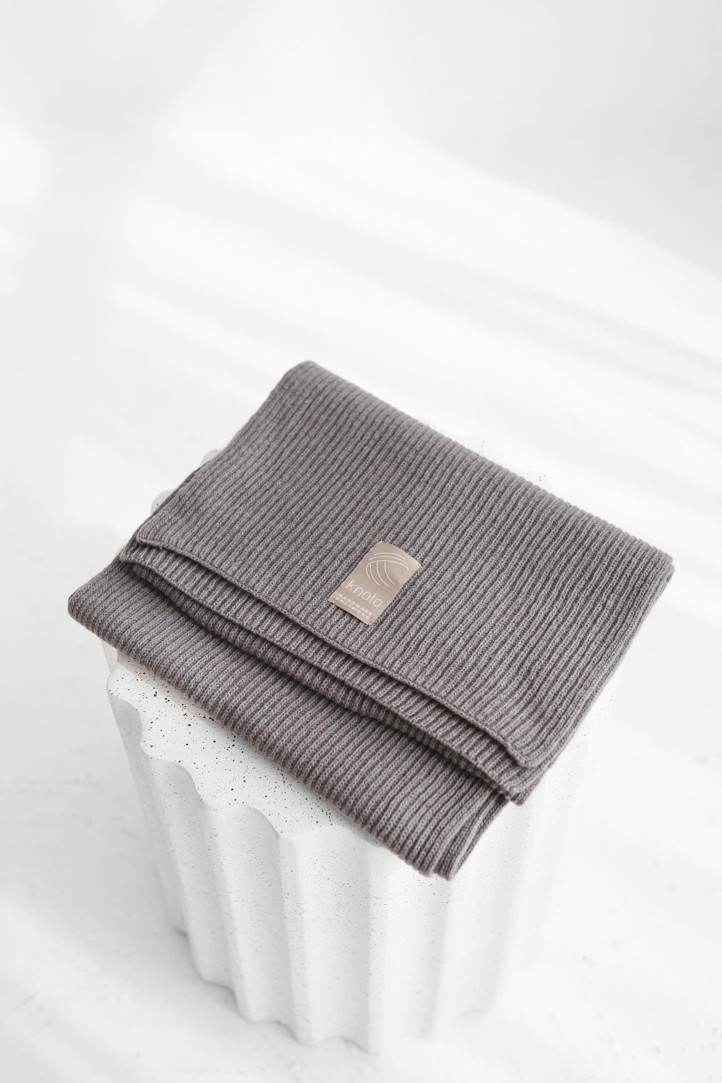 Gray knitted merino wool and cashmere women&#39;s scarf, ash grey ribbed knit minimalist fall winter wrap, dark gray classy unisex blanket scarf