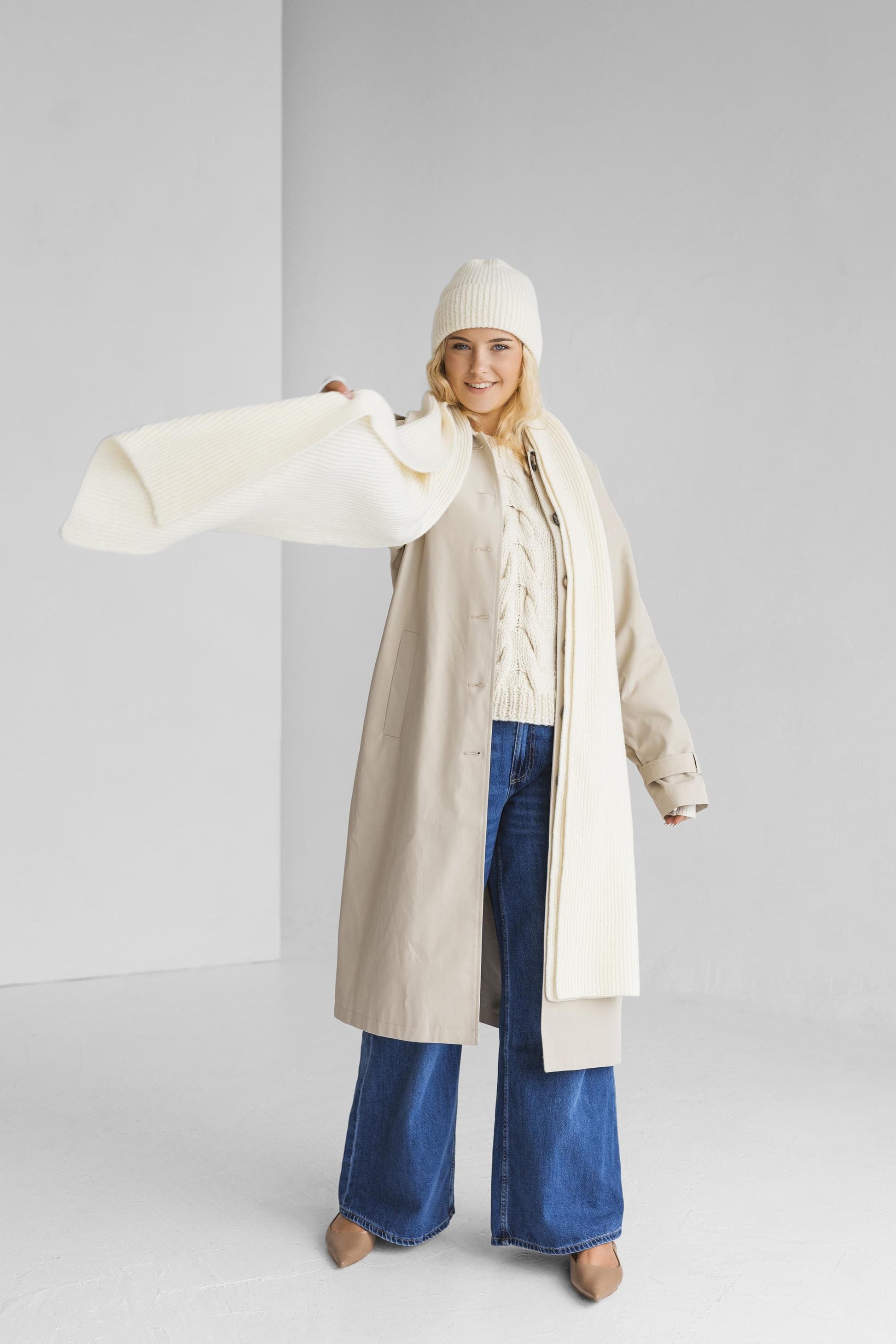 Blue Knit Merino Wool And Cashmere XXL Scarf And Hat Set