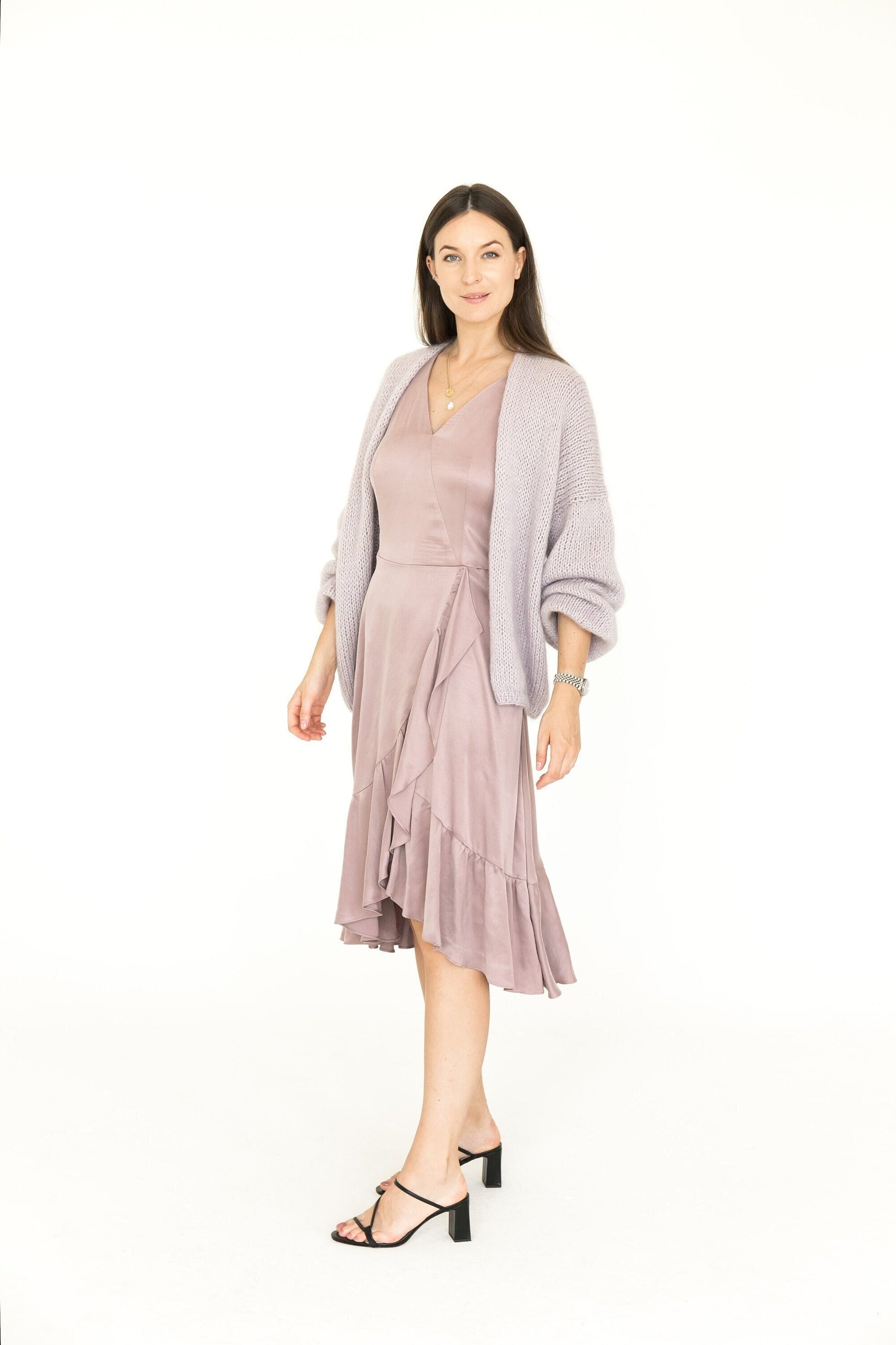 Lavender chunky knit mohair cardigan, light purple cable knitted fluffy alpaca blend sweater, lilac fuzzy slightly oversized women&#39;s jacket