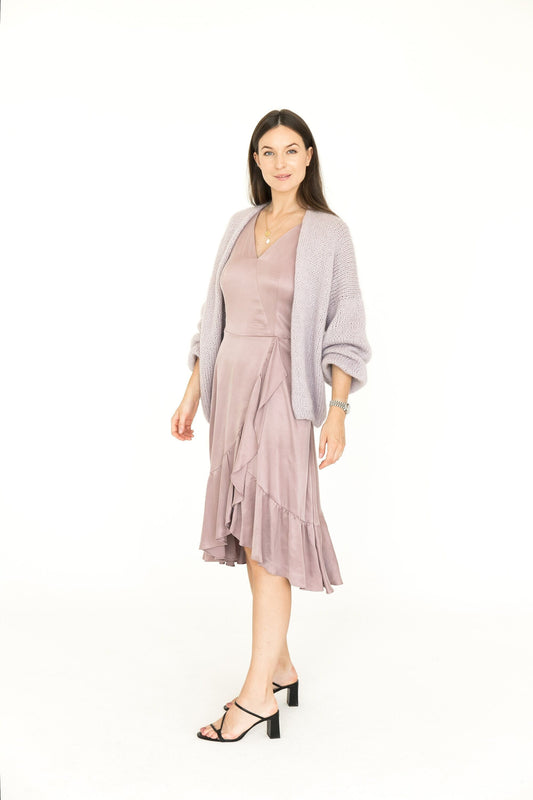 Lavender chunky knit mohair cardigan, light purple cable knitted fluffy alpaca blend sweater, lilac fuzzy slightly oversized women&#39;s jacket