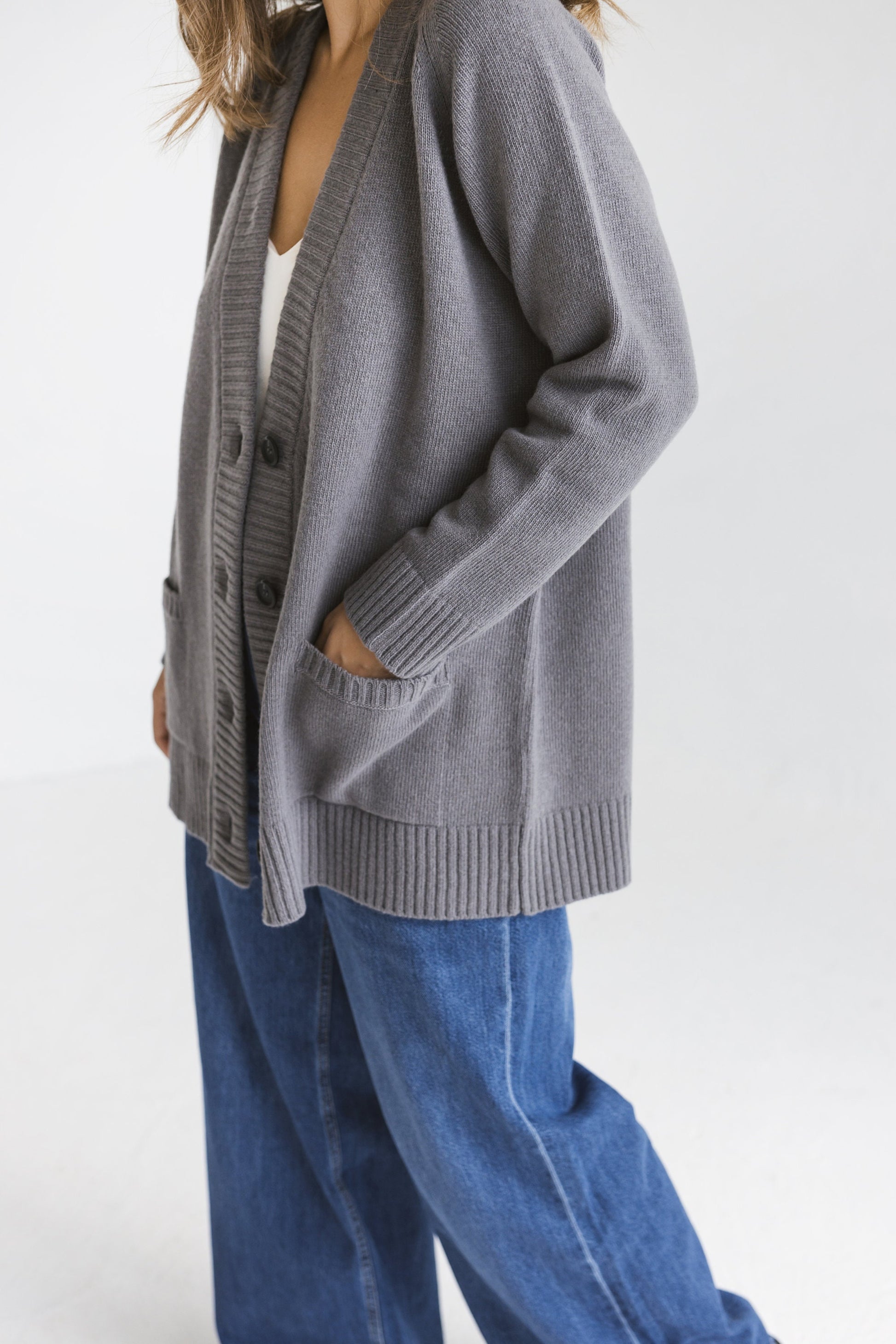 Gray knitted merino wool and cashmere blend cardigan with pockets and buttons, slightly oversized grey knit sweater for women, minimal gift