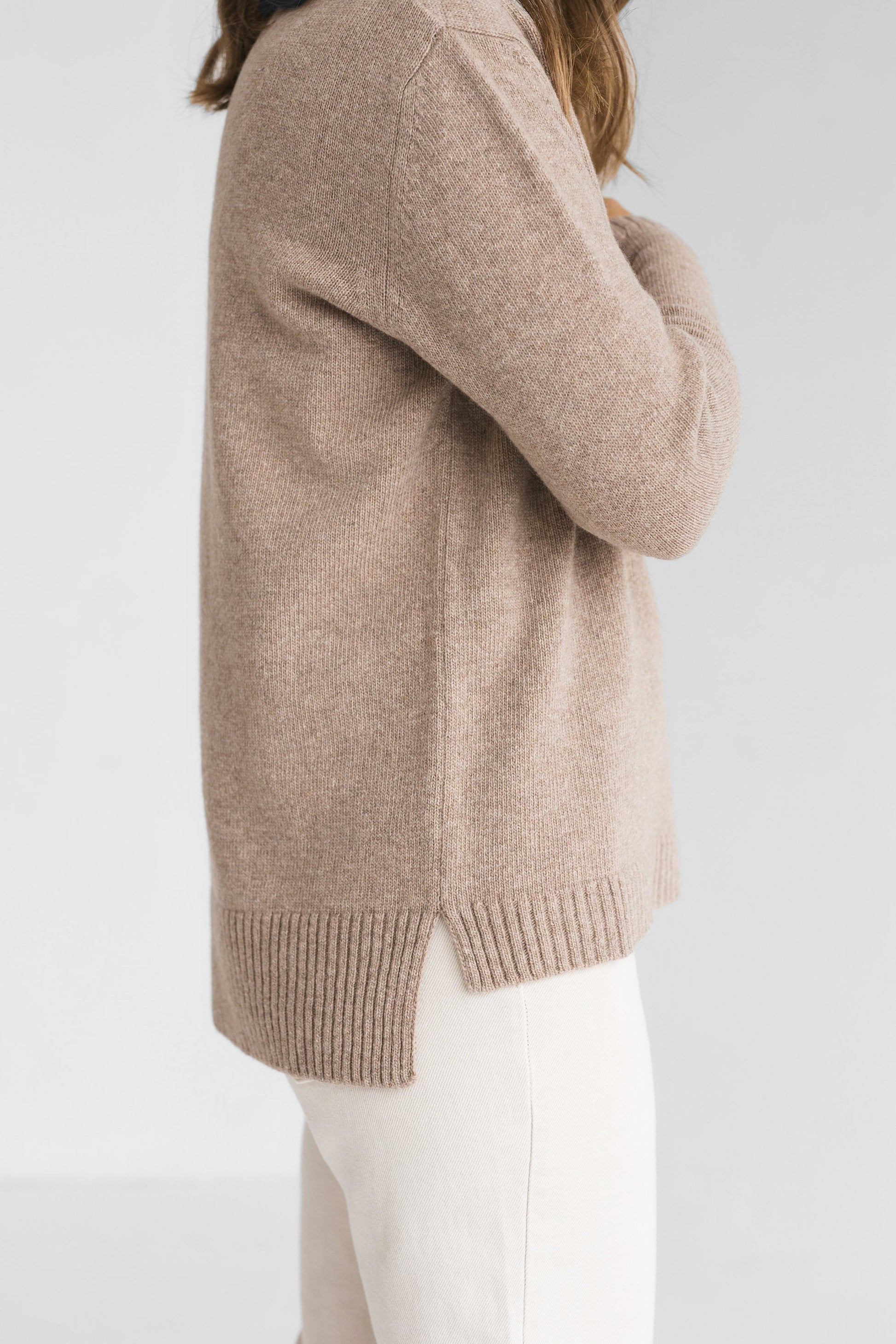 Beige knitted merino wool and cashmere sweater for women, taupe women&#39;s knit minimalist pullover with longer back, camel minimal jumper