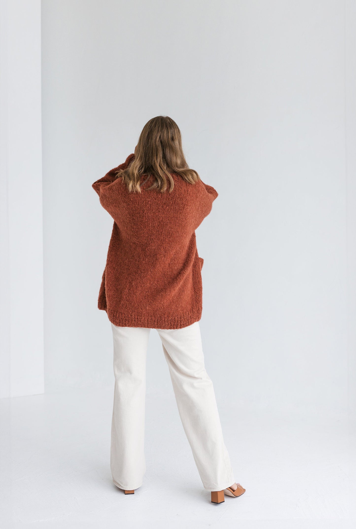 Rust cable knit alpaca wool cardigan with buttons, orange slightly oversized buttoned woolen sweater with pockets, ginger chunky knitted