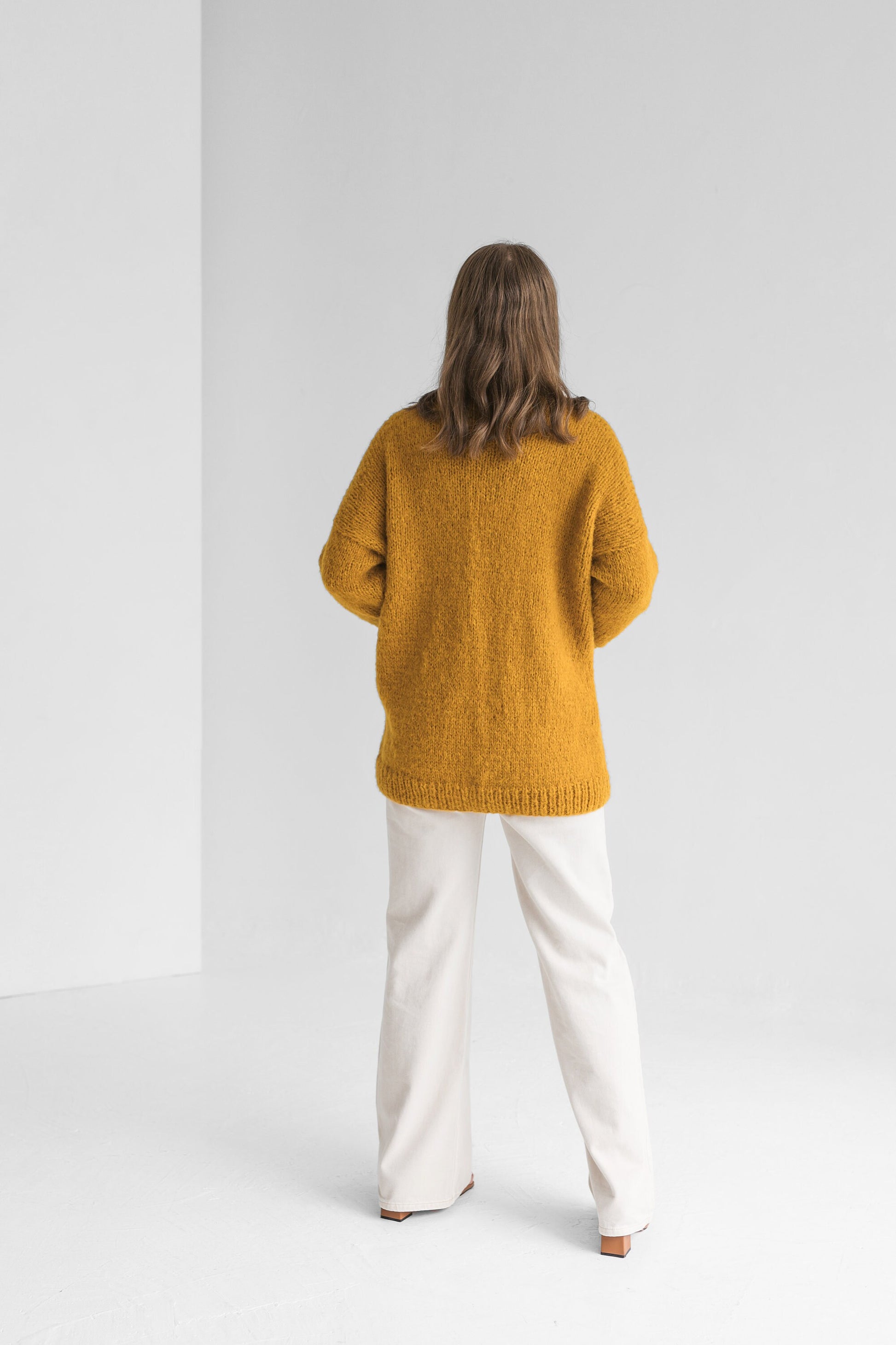 Yellow cable knit alpaca wool cardigan with buttons, curry slightly oversized buttoned woolen sweater with pockets, mustard chunky knitted