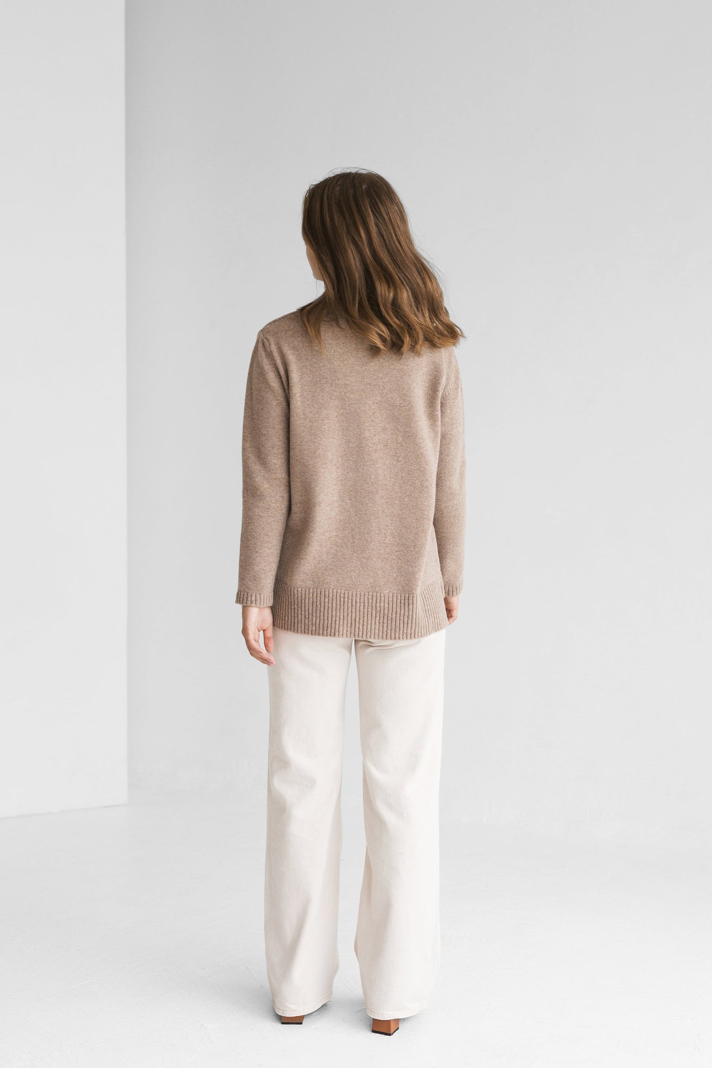 Beige knitted merino wool and cashmere sweater for women, taupe women&#39;s knit minimalist pullover with longer back, camel minimal jumper