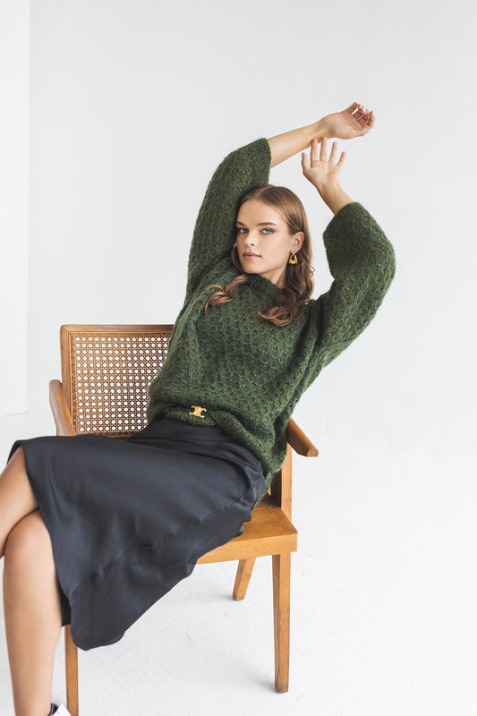 Green mohair knitted sweater, wide sleeves alpaca wool blend jumper, fuzzy cable knit pullover, fluffy slightly oversized thick sweater gift