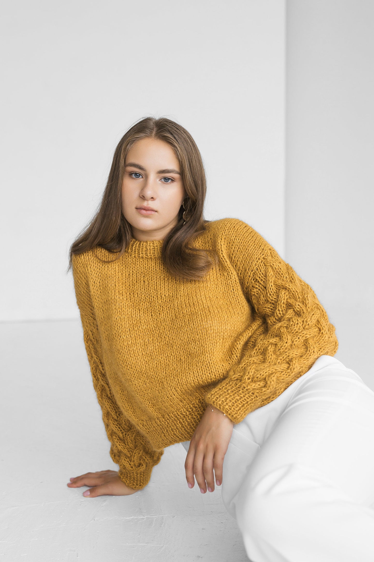 Curry mohair high waste knitted sweater, yellow cropped alpaca wool blend jumper, mustard fluffy crop cable knit pullover,fuzzy short chunky